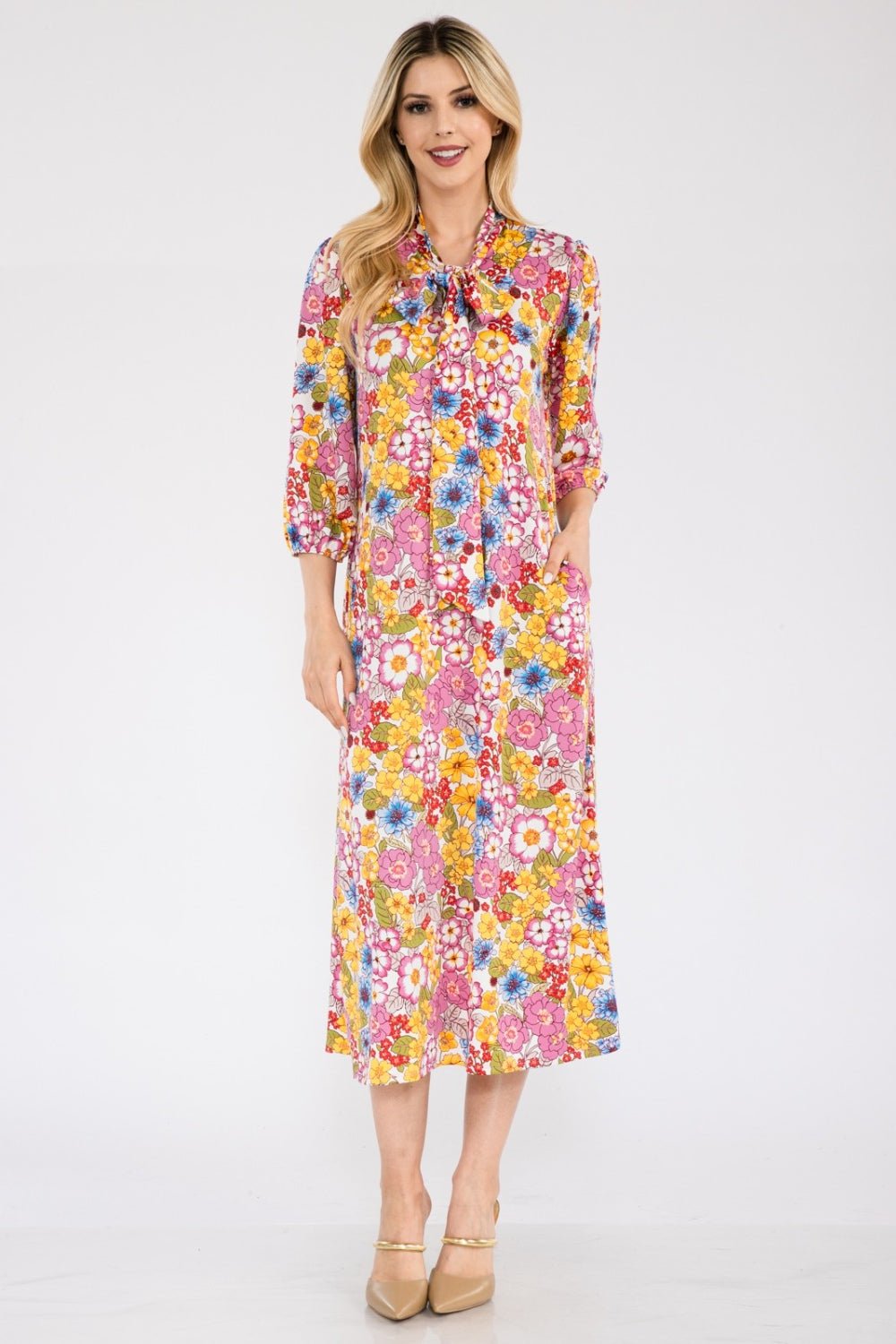 Celeste Full Size Floral Midi Dress with Bow Tied - Creative Designs by Shanny