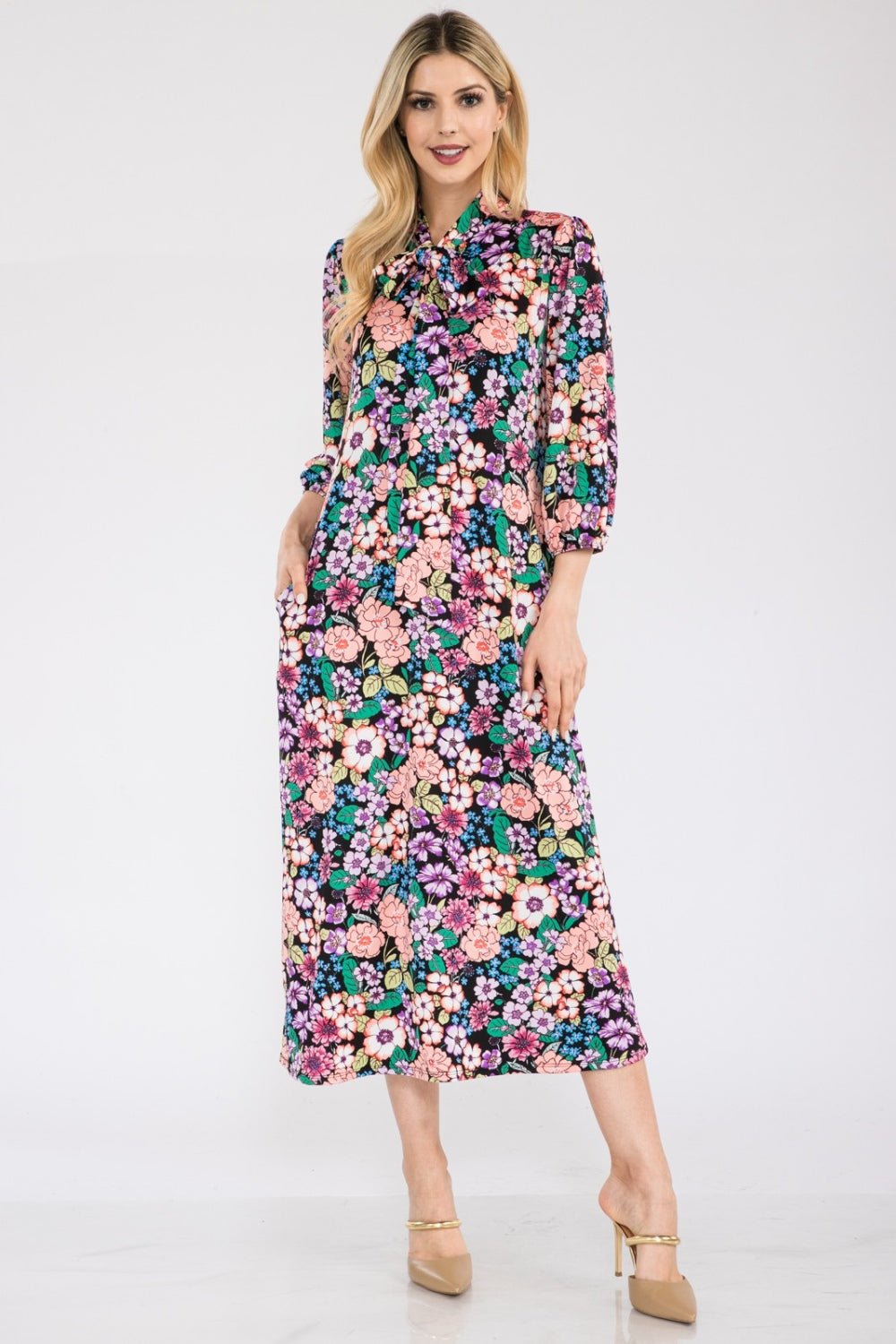 Celeste Full Size Floral Midi Dress with Bow Tied - Creative Designs by Shanny