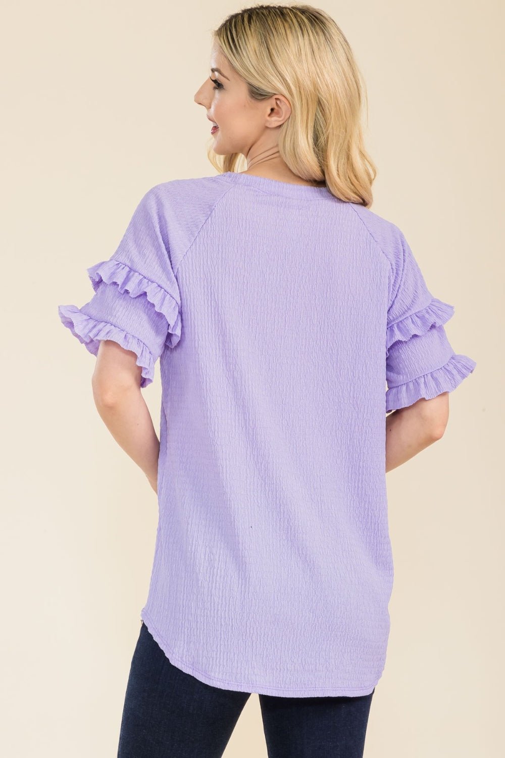 Celeste Full Size Ruffle Short Sleeve Texture Top - Creative Designs by Shanny