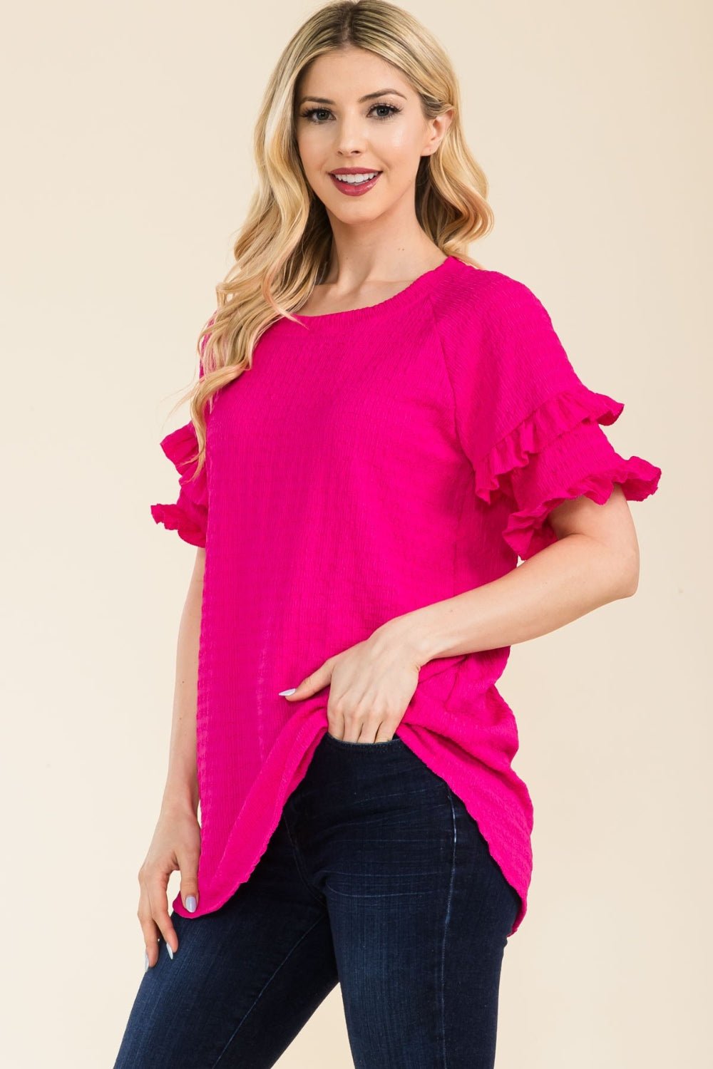 Celeste Full Size Ruffle Short Sleeve Texture Top - Creative Designs by Shanny