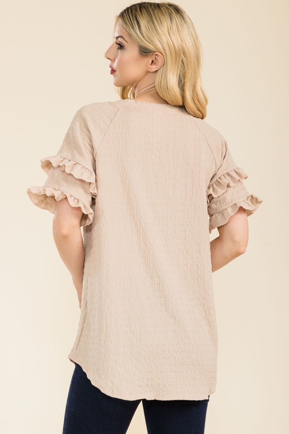 Celeste Full Size Ruffle Short Sleeve Texture Top - Creative Designs by Shanny