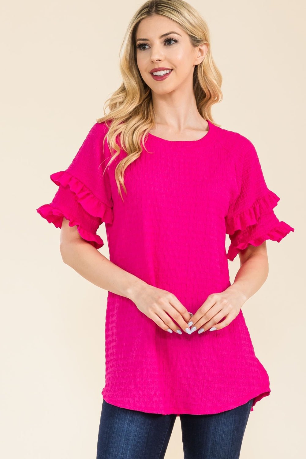 Celeste Full Size Ruffle Short Sleeve Texture Top - Creative Designs by Shanny