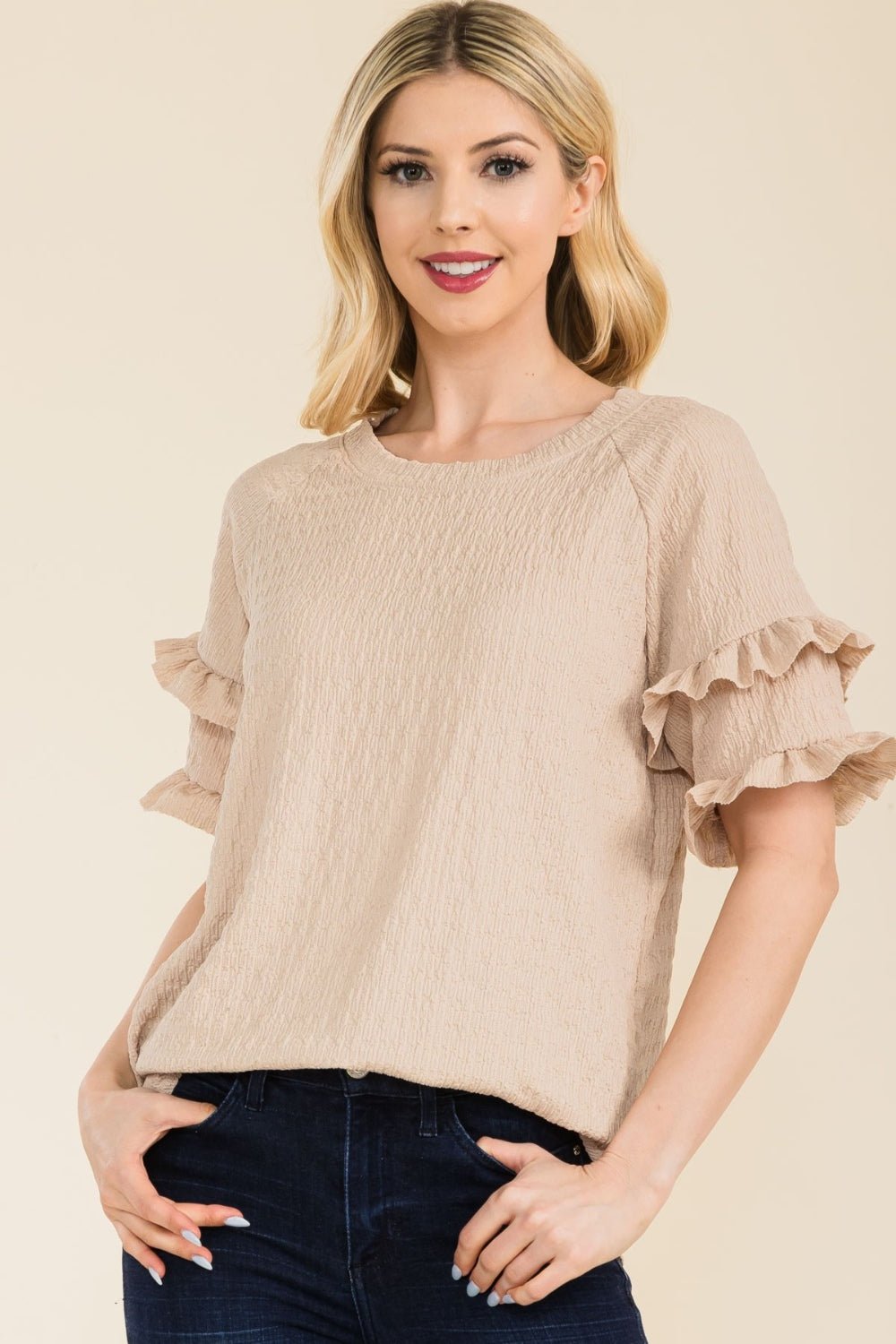 Celeste Full Size Ruffle Short Sleeve Texture Top - Creative Designs by Shanny