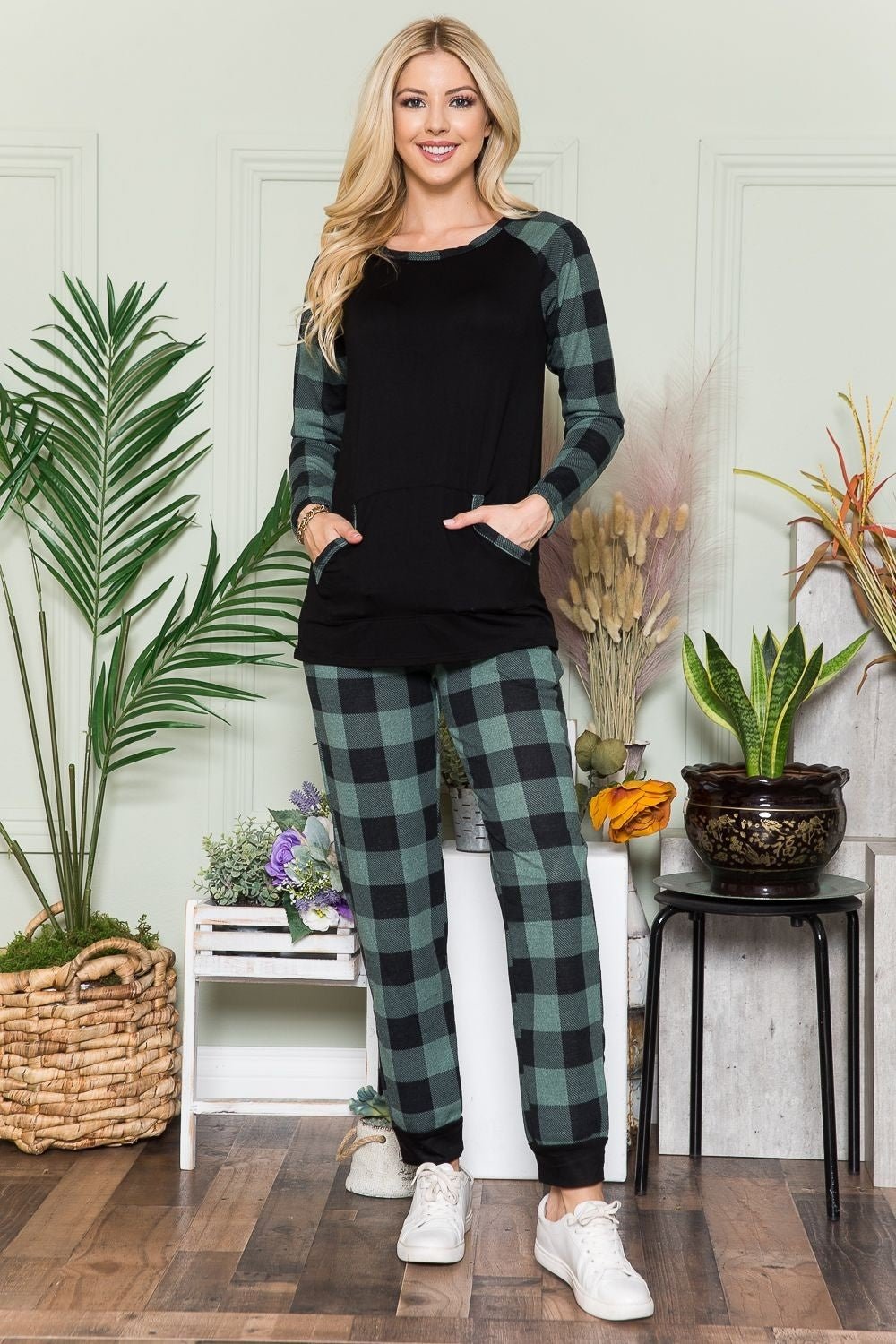 Celeste Plaid Long Sleeve T-Shirt with Pockets - Creative Designs by Shanny