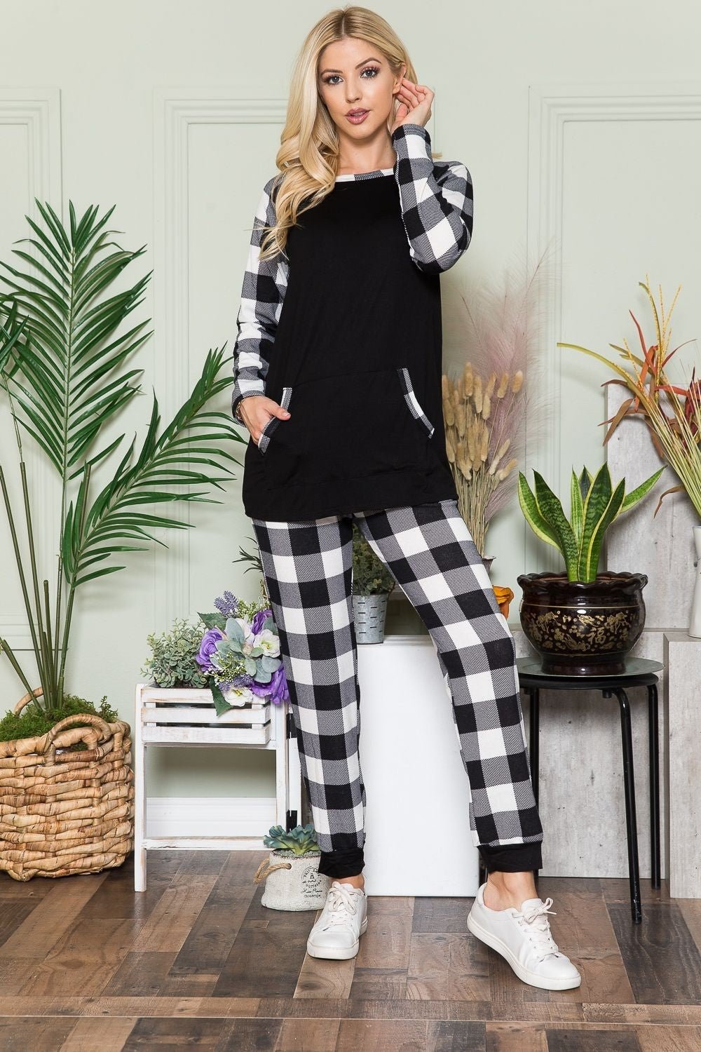 Celeste Plaid Long Sleeve T-Shirt with Pockets - Creative Designs by Shanny