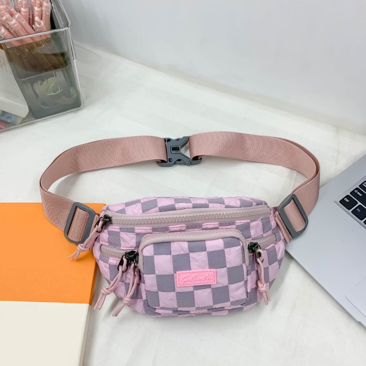 Checkered Adjustable Strap Nylon Crossbody Bag - Creative Designs by Shanny