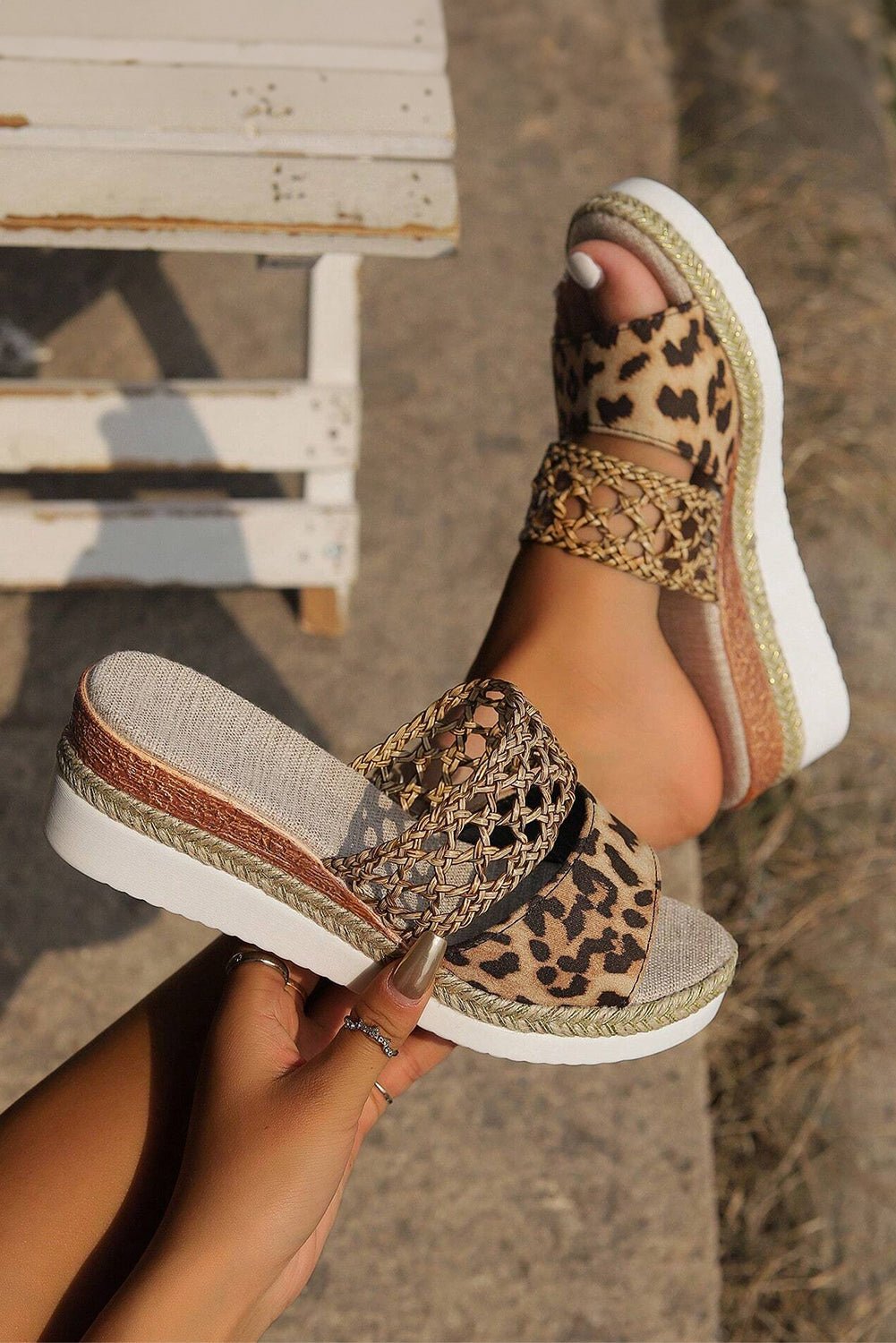 Chestnut Leopard Print Braided Band Wedge Slides Shoes - Creative Designs by Shanny