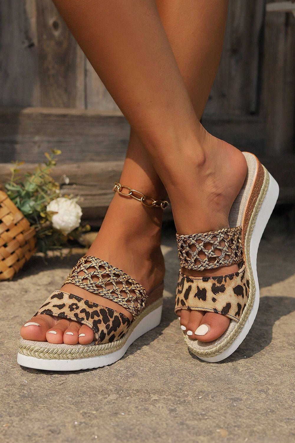 Chestnut Leopard Print Braided Band Wedge Slides Shoes - Creative Designs by Shanny