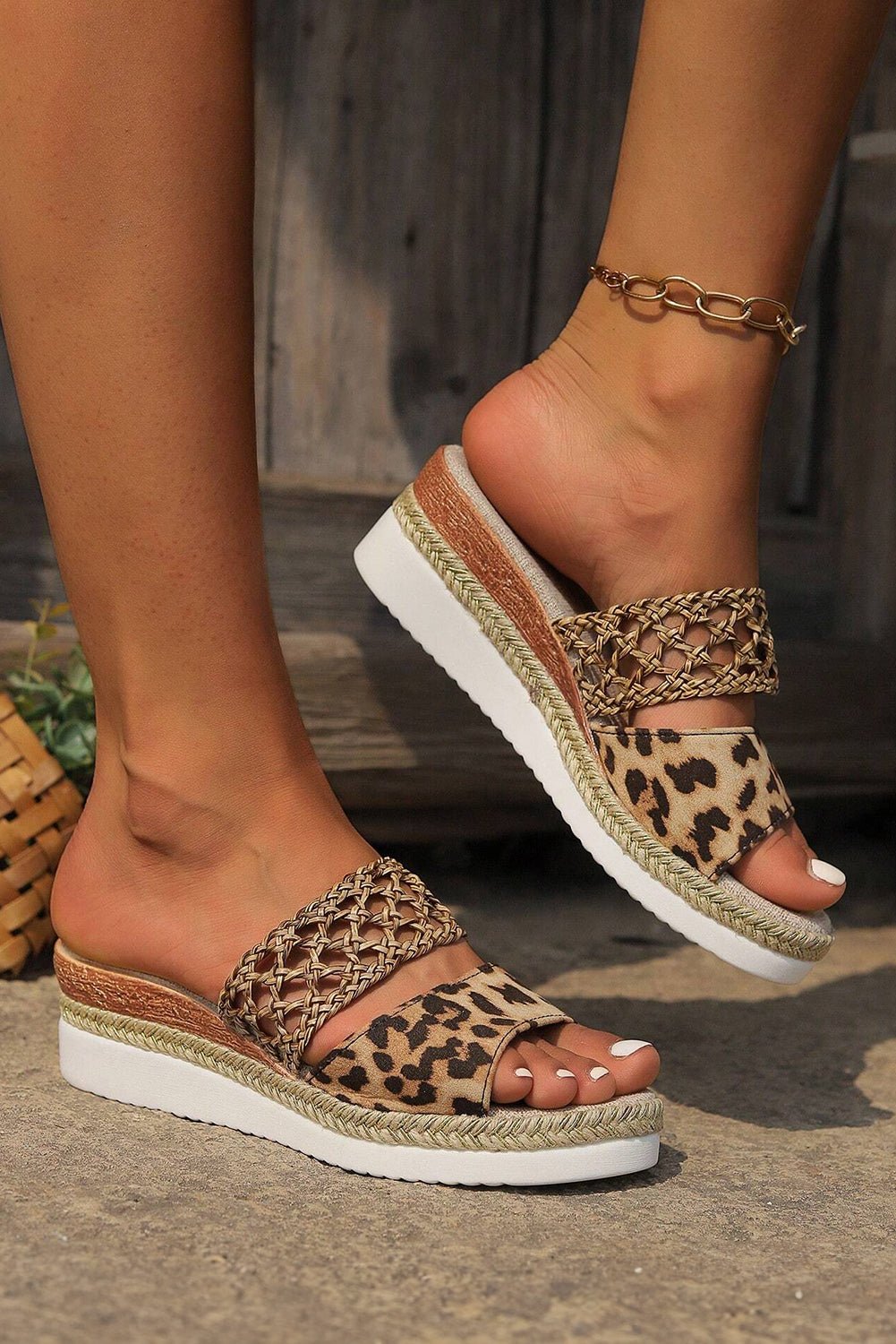 Chestnut Leopard Print Braided Band Wedge Slides Shoes - Creative Designs by Shanny