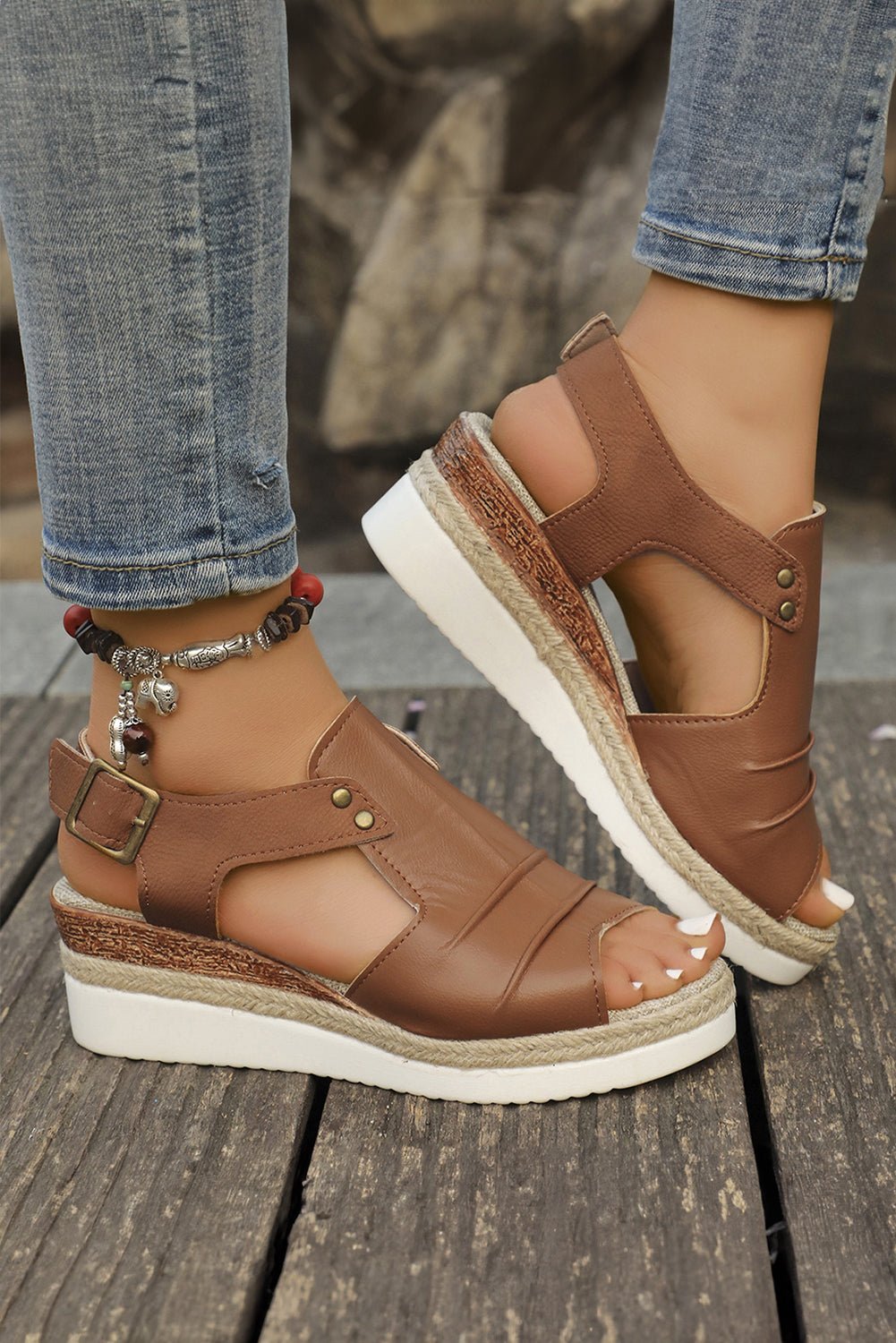 Chestnut Pleated Leather Cut Out Wedge Sandals - Creative Designs by Shanny