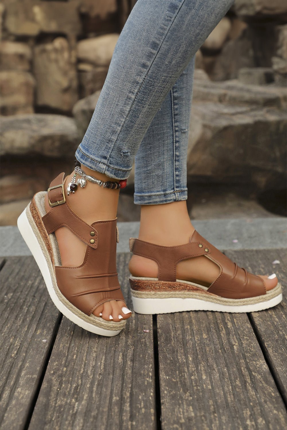 Chestnut Pleated Leather Cut Out Wedge Sandals - Creative Designs by Shanny