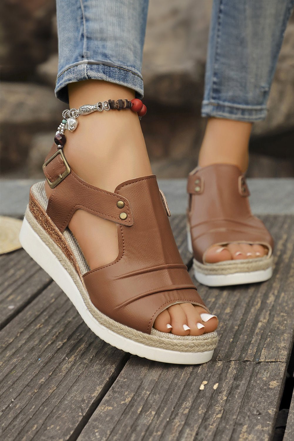 Chestnut Pleated Leather Cut Out Wedge Sandals - Creative Designs by Shanny