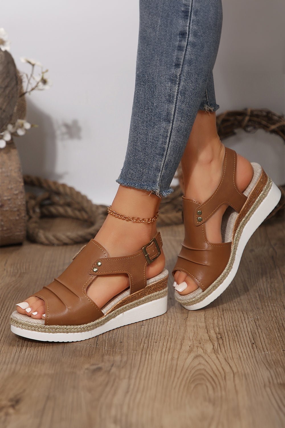 Chestnut Pleated Leather Cut Out Wedge Sandals - Creative Designs by Shanny