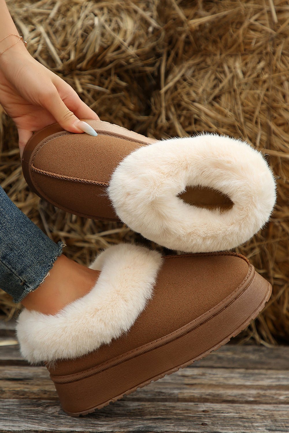 Chestnut Plush Suede Trim Thick Sole Flat Snow Boots - Creative Designs by Shanny