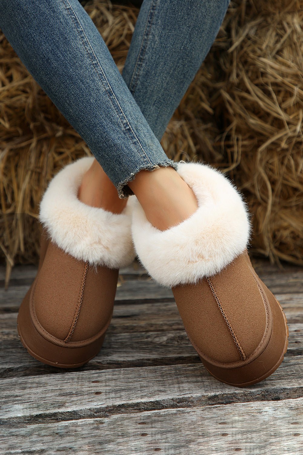 Chestnut Plush Suede Trim Thick Sole Flat Snow Boots - Creative Designs by Shanny