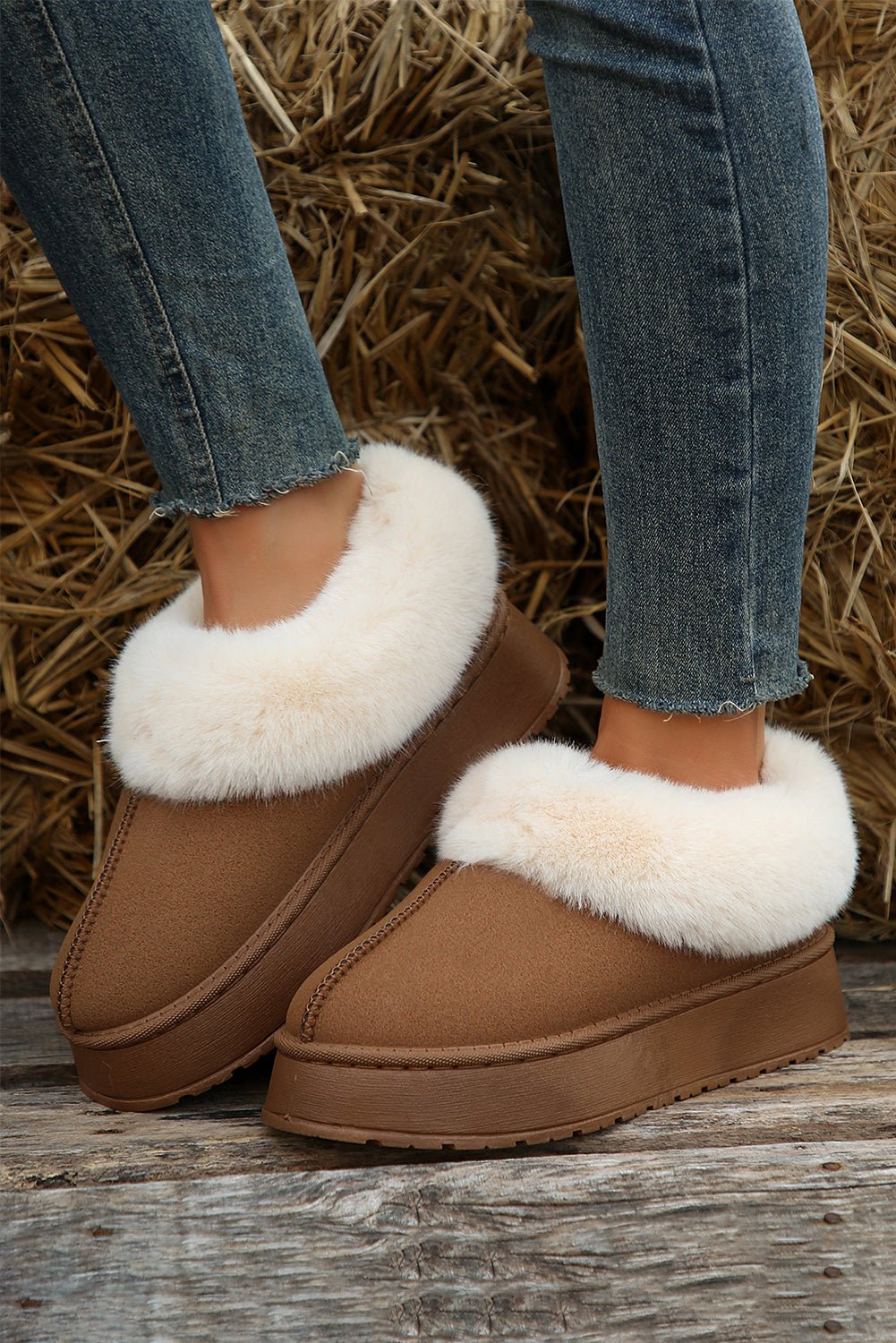 Chestnut Plush Suede Trim Thick Sole Flat Snow Boots - Creative Designs by Shanny