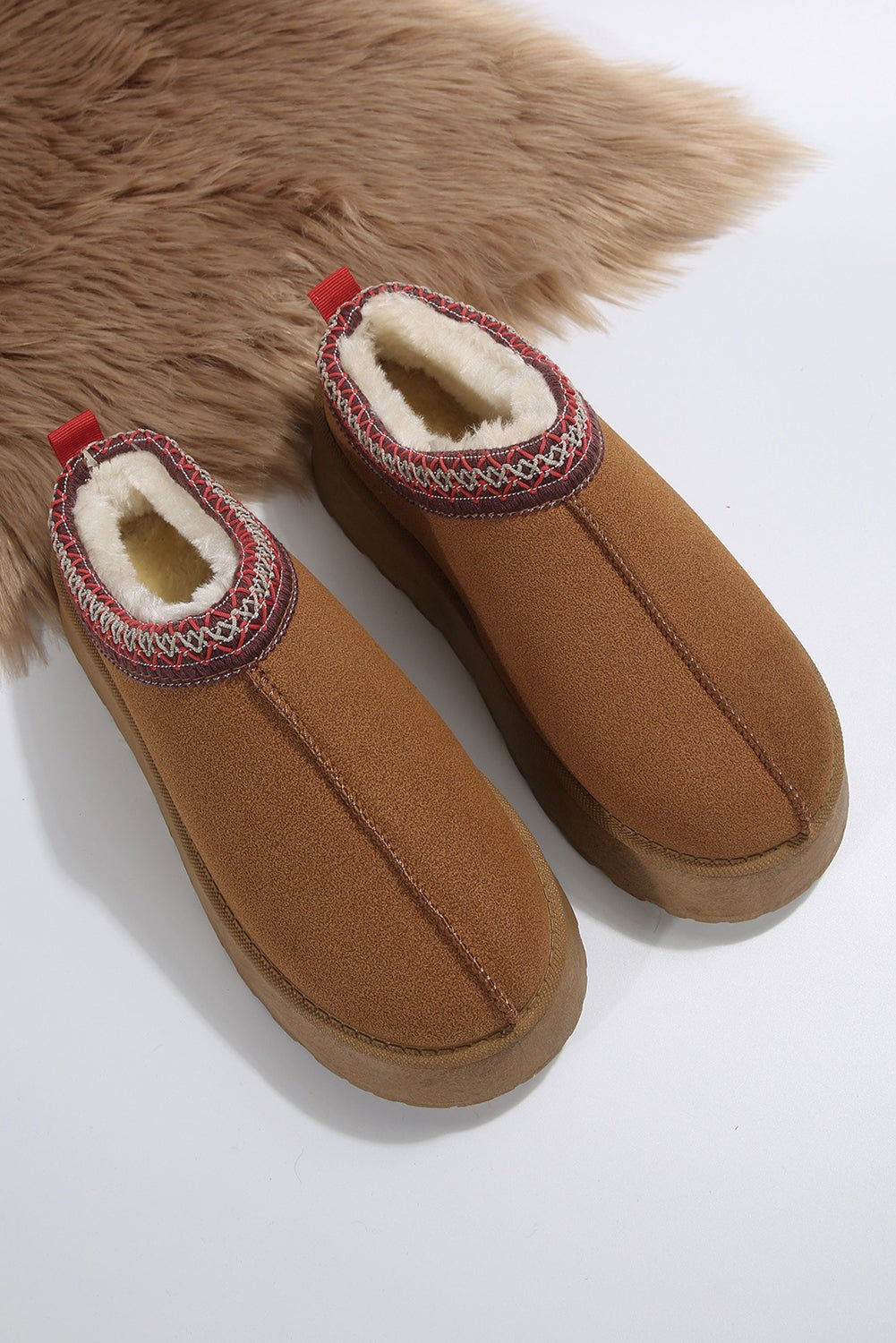 Chestnut Suede Contrast Print Round Toe Plush Lined Flats - Creative Designs by Shanny