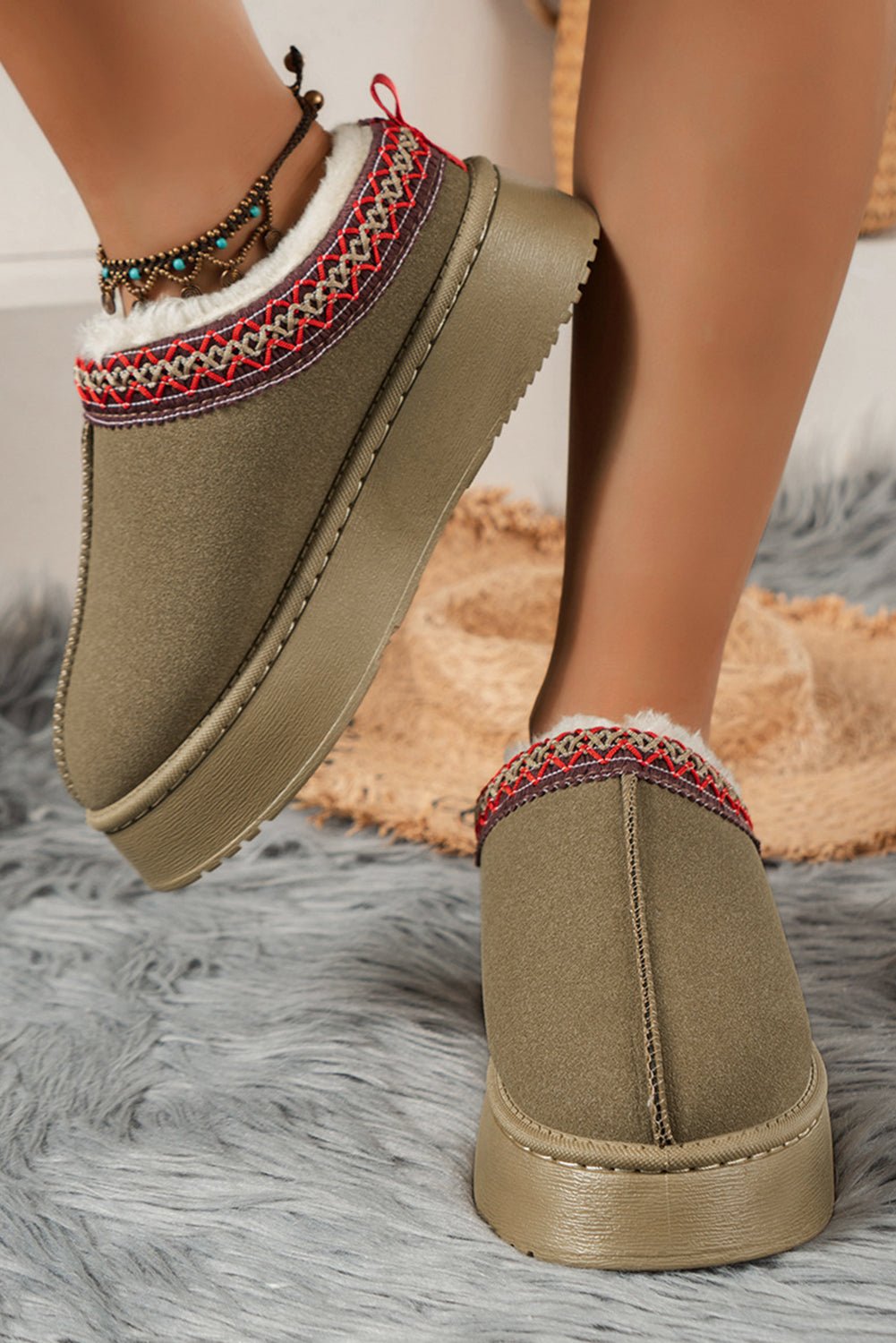 Chestnut Suede Contrast Print Round Toe Plush Lined Flats - Creative Designs by Shanny