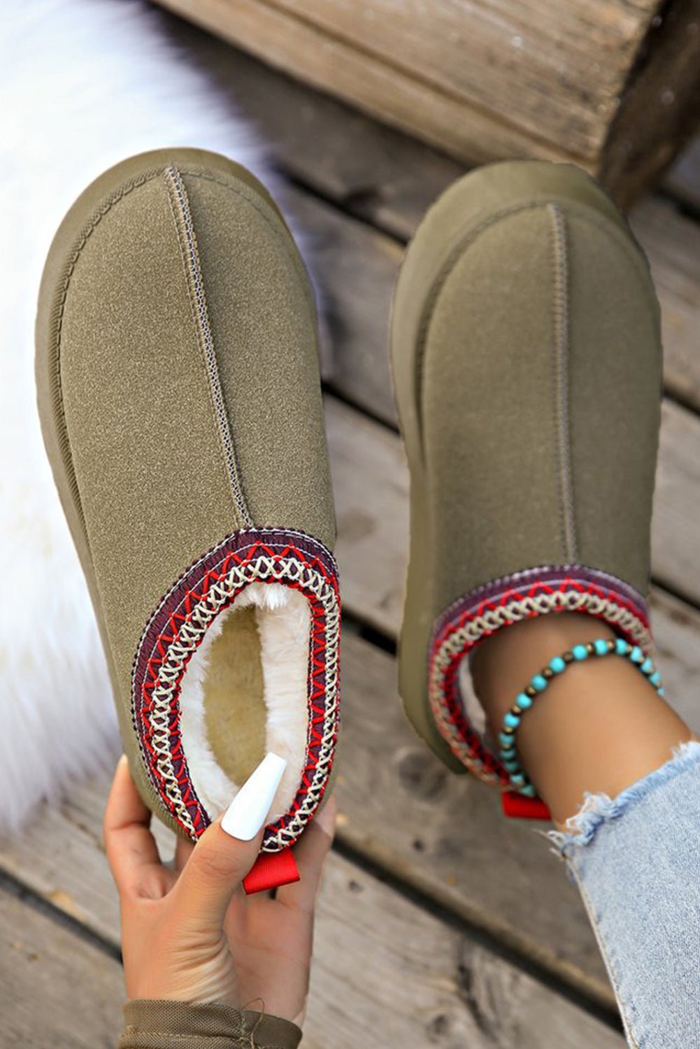 Chestnut Suede Contrast Print Round Toe Plush Lined Flats - Creative Designs by Shanny