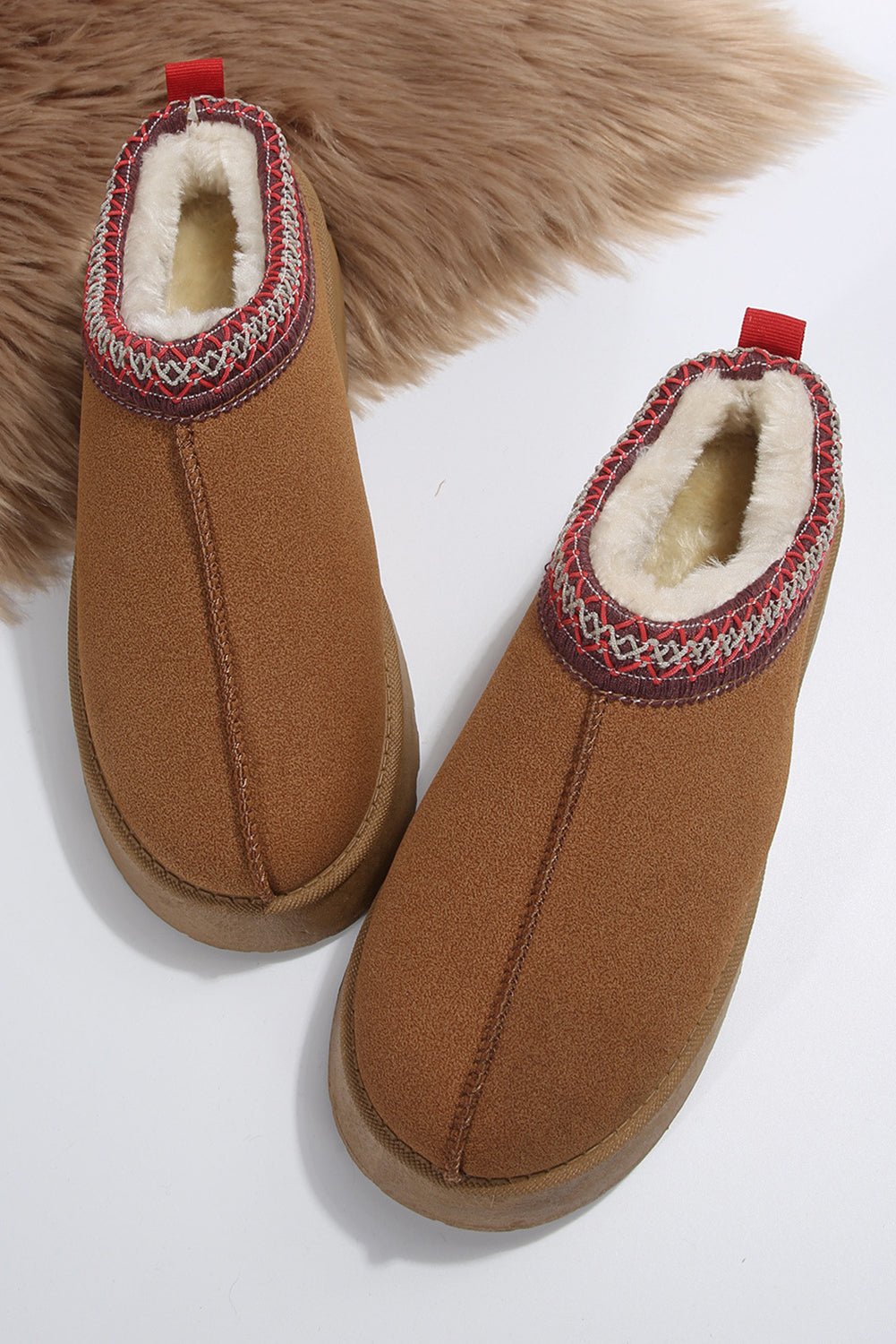 Chestnut Suede Contrast Print Round Toe Plush Lined Flats - Creative Designs by Shanny