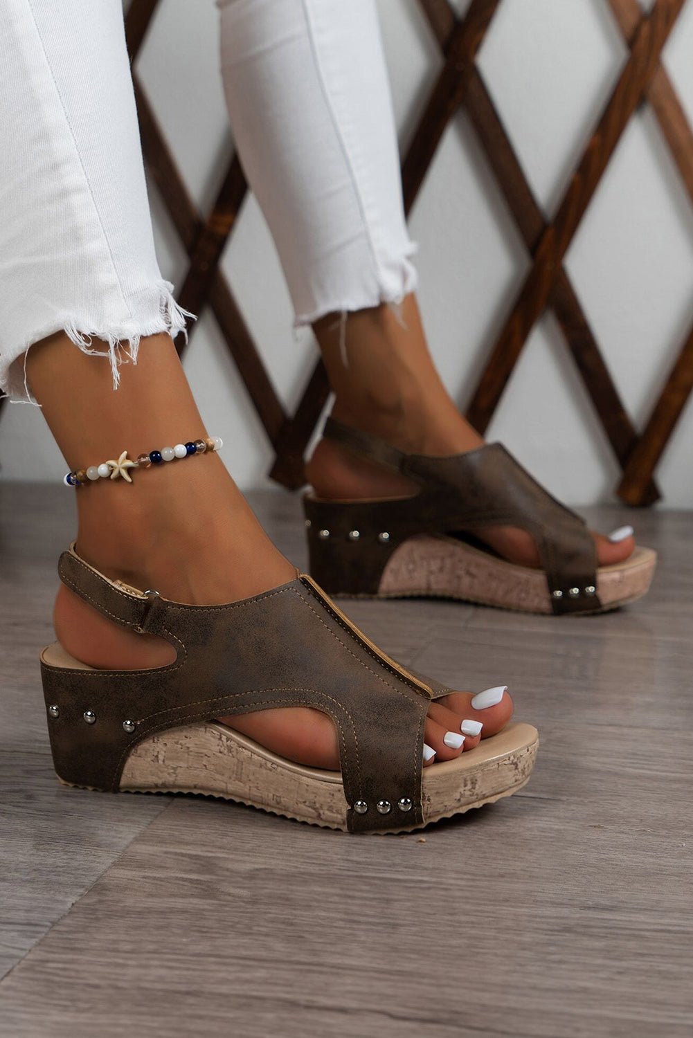 Chestnut Suede Patched Studded Cut Out Wedge Sandals - Creative Designs by Shanny