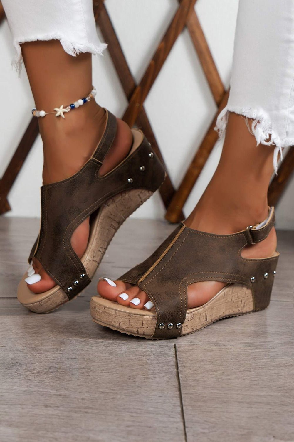 Chestnut Suede Patched Studded Cut Out Wedge Sandals - Creative Designs by Shanny