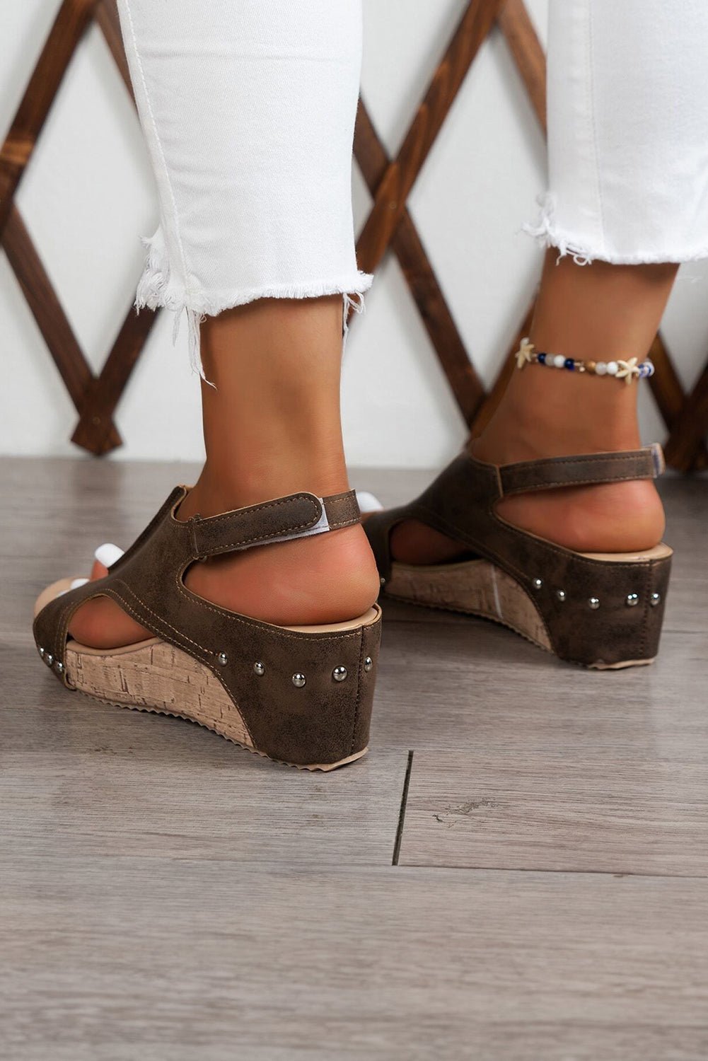 Chestnut Suede Patched Studded Cut Out Wedge Sandals - Creative Designs by Shanny