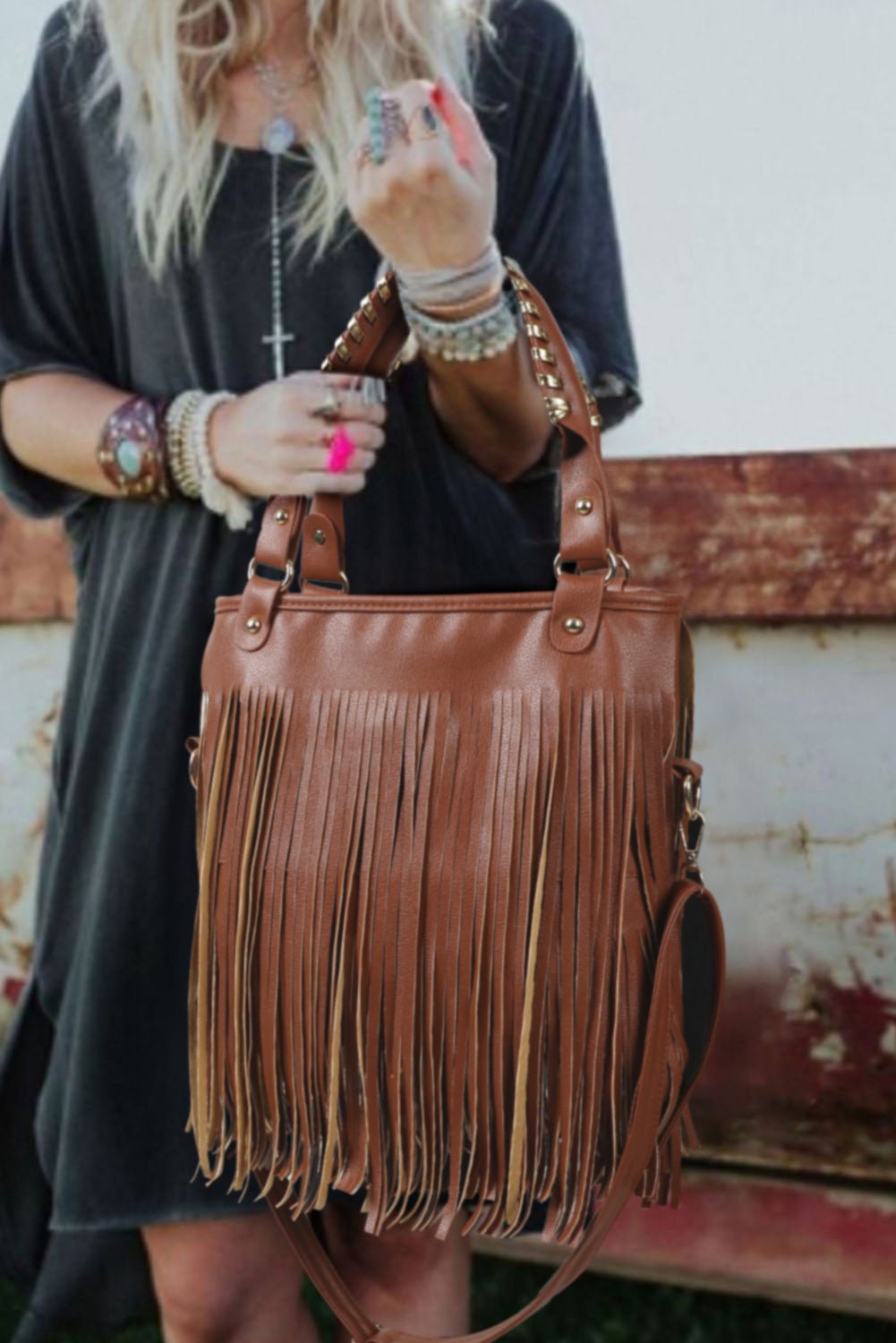 Chestnut Vintage Fringed Leather Shoulder Bag - Creative Designs by Shanny