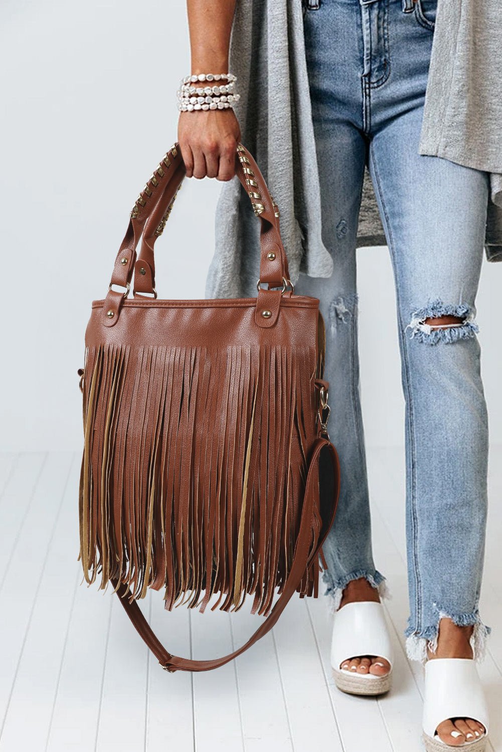 Chestnut Vintage Fringed Leather Shoulder Bag - Creative Designs by Shanny