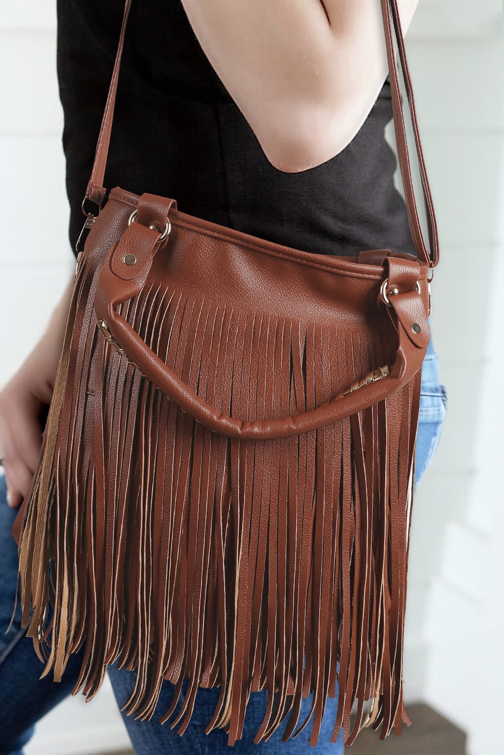 Chestnut Vintage Fringed Leather Shoulder Bag - Creative Designs by Shanny