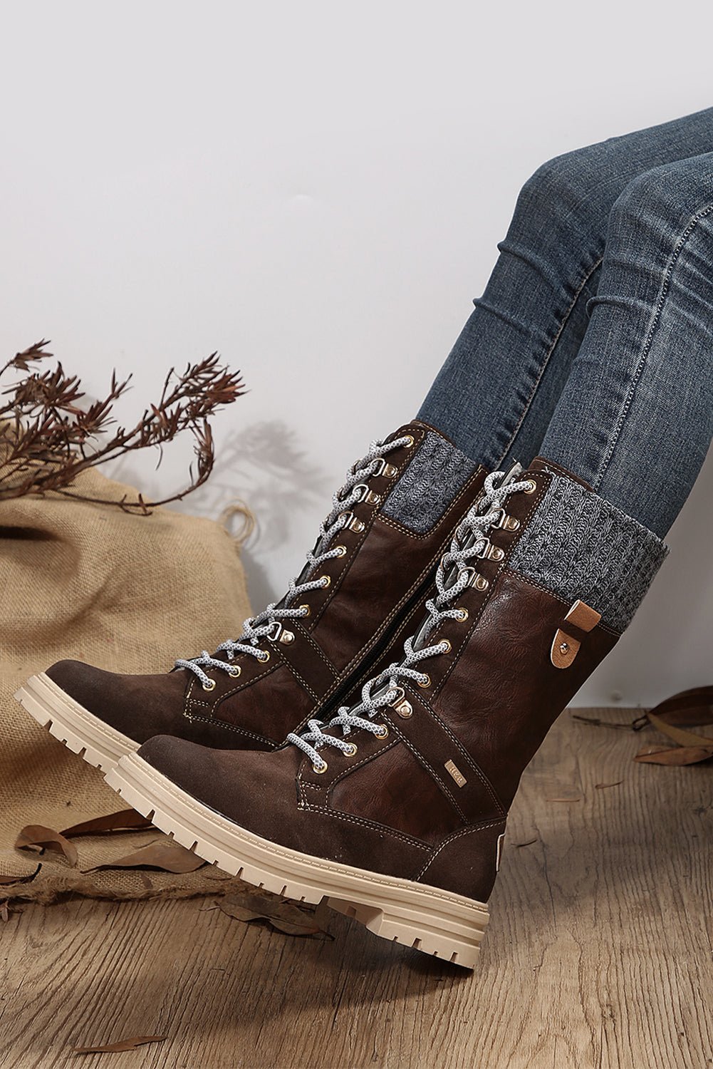 Coffee Wool Knit Patchwork Lace Up Leather Boots - Creative Designs by Shanny