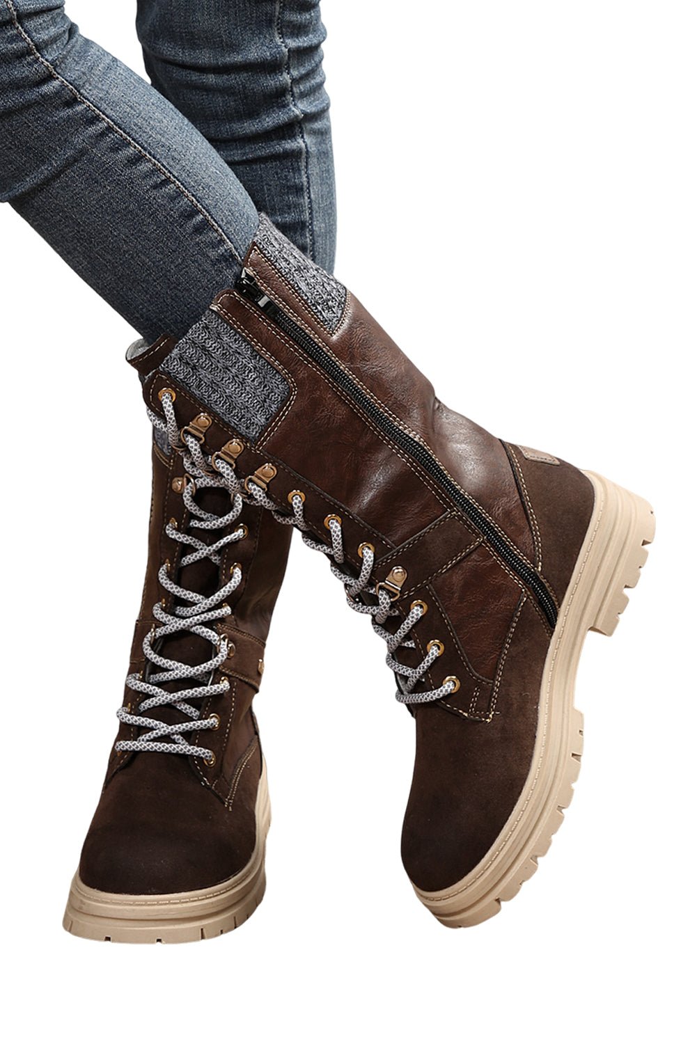 Coffee Wool Knit Patchwork Lace Up Leather Boots - Creative Designs by Shanny