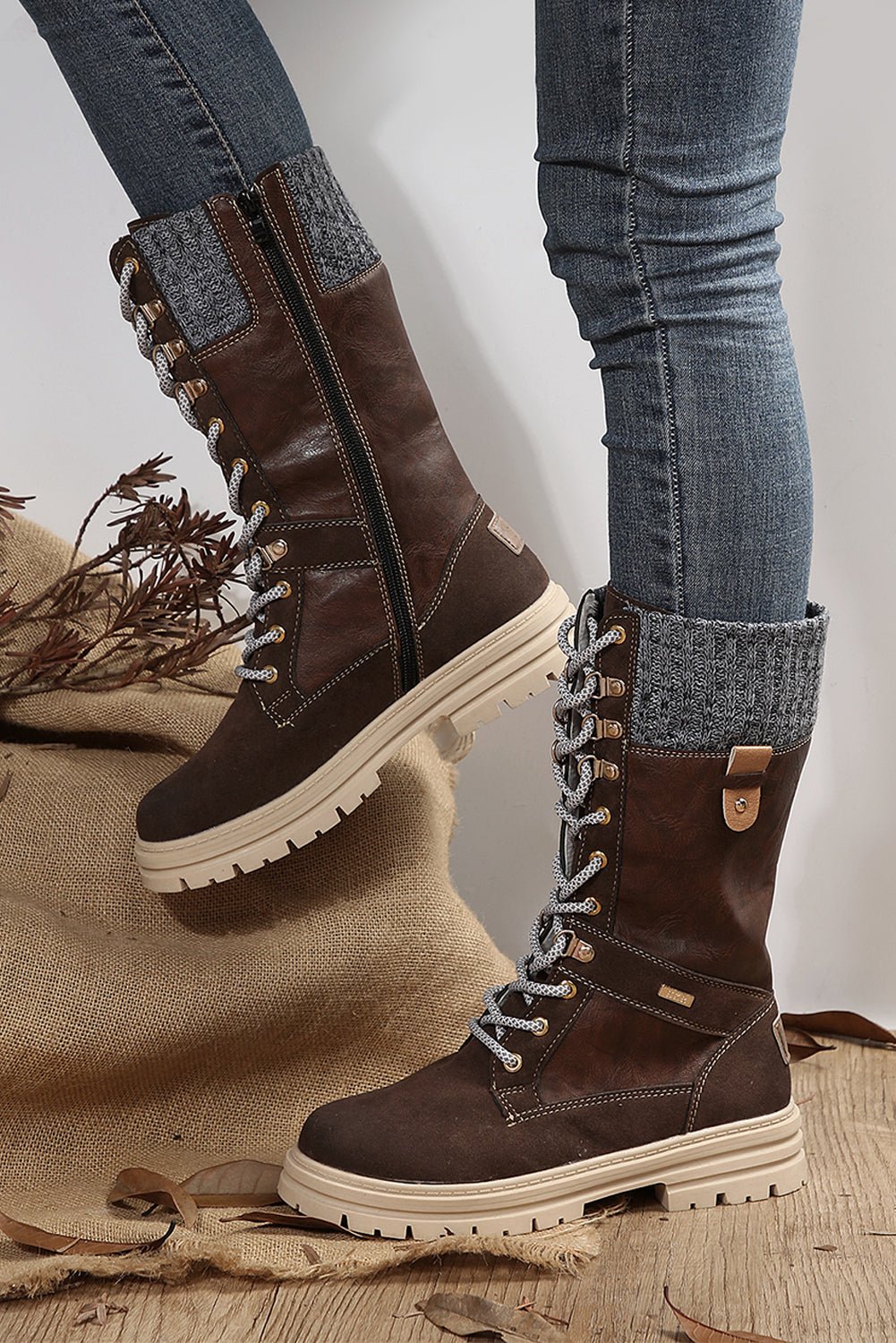 Coffee Wool Knit Patchwork Lace Up Leather Boots - Creative Designs by Shanny