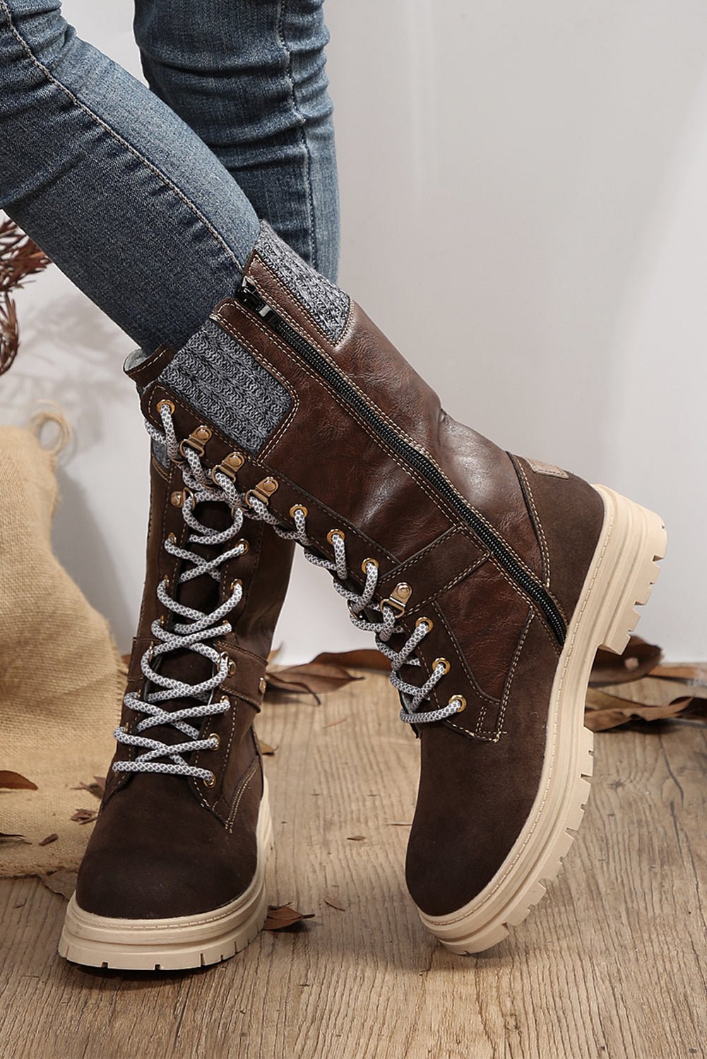 Coffee Wool Knit Patchwork Lace Up Leather Boots - Creative Designs by Shanny