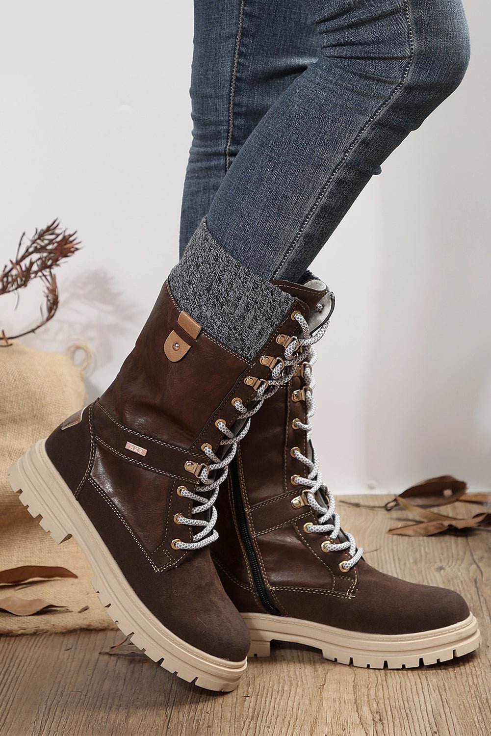 Coffee Wool Knit Patchwork Lace Up Leather Boots - Creative Designs by Shanny