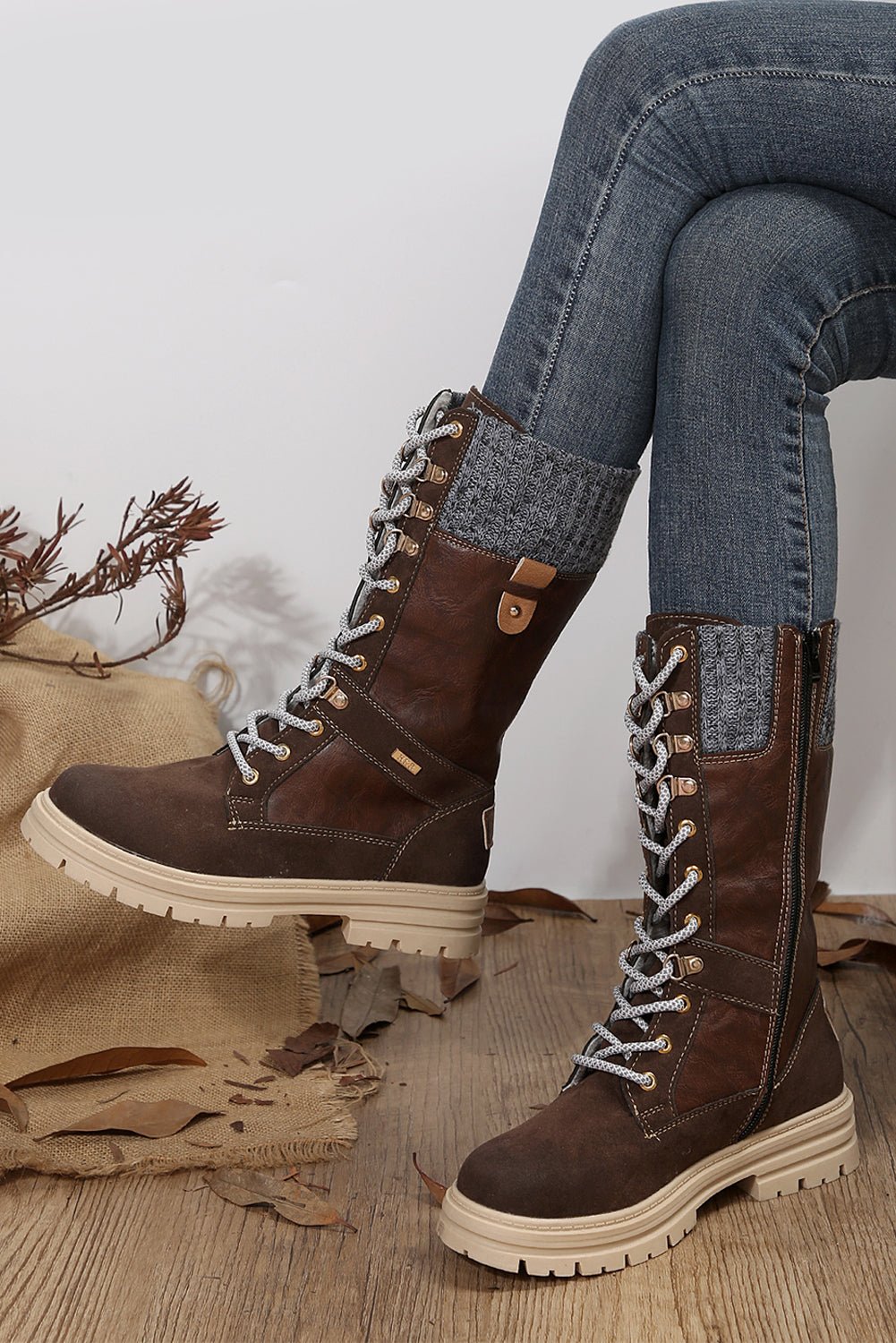 Coffee Wool Knit Patchwork Lace Up Leather Boots - Creative Designs by Shanny