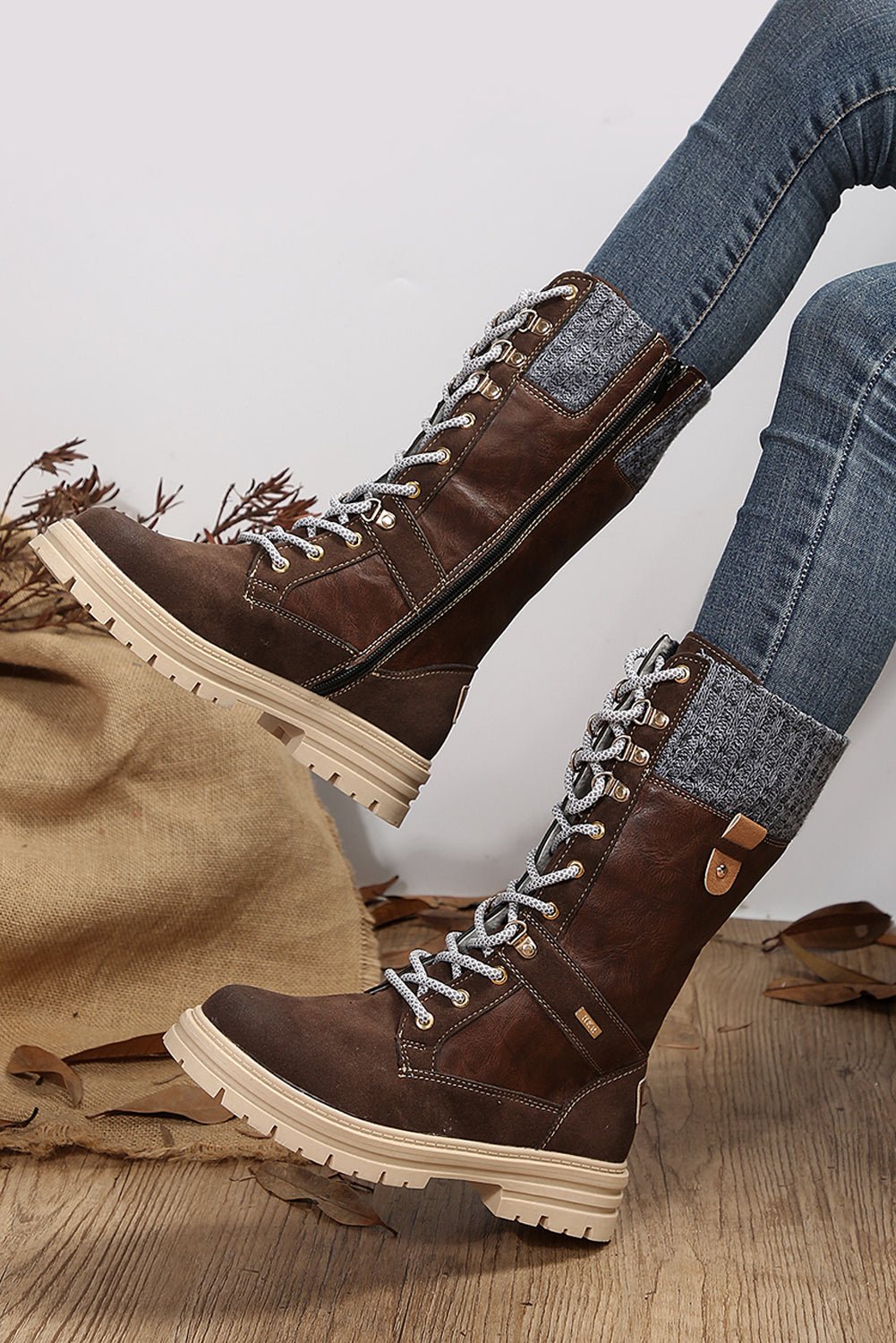 Coffee Wool Knit Patchwork Lace Up Leather Boots - Creative Designs by Shanny