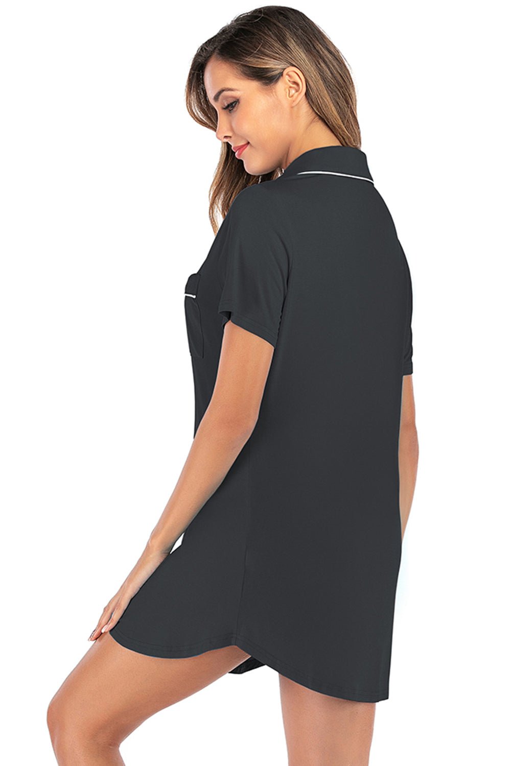 Contrast Piping Pocketed Short Sleeve Lounge Dress - Creative Designs by Shanny