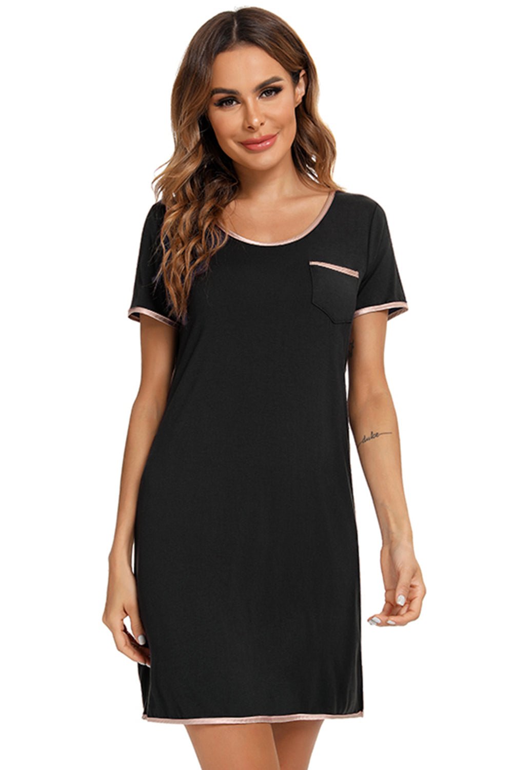 Contrast Trim Pocketed Round Neck Lounge Dress - Creative Designs by Shanny