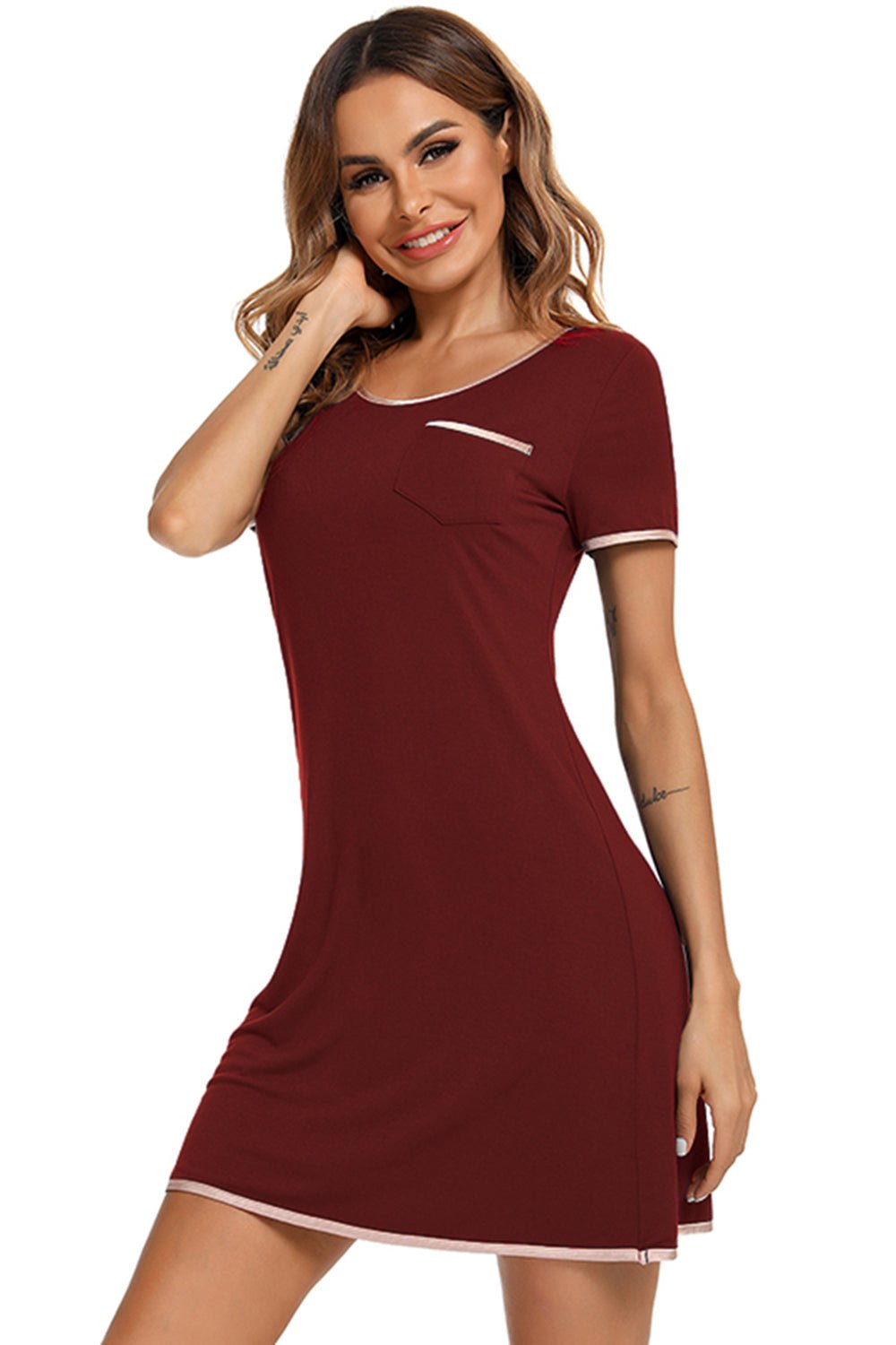 Contrast Trim Pocketed Round Neck Lounge Dress - Creative Designs by Shanny