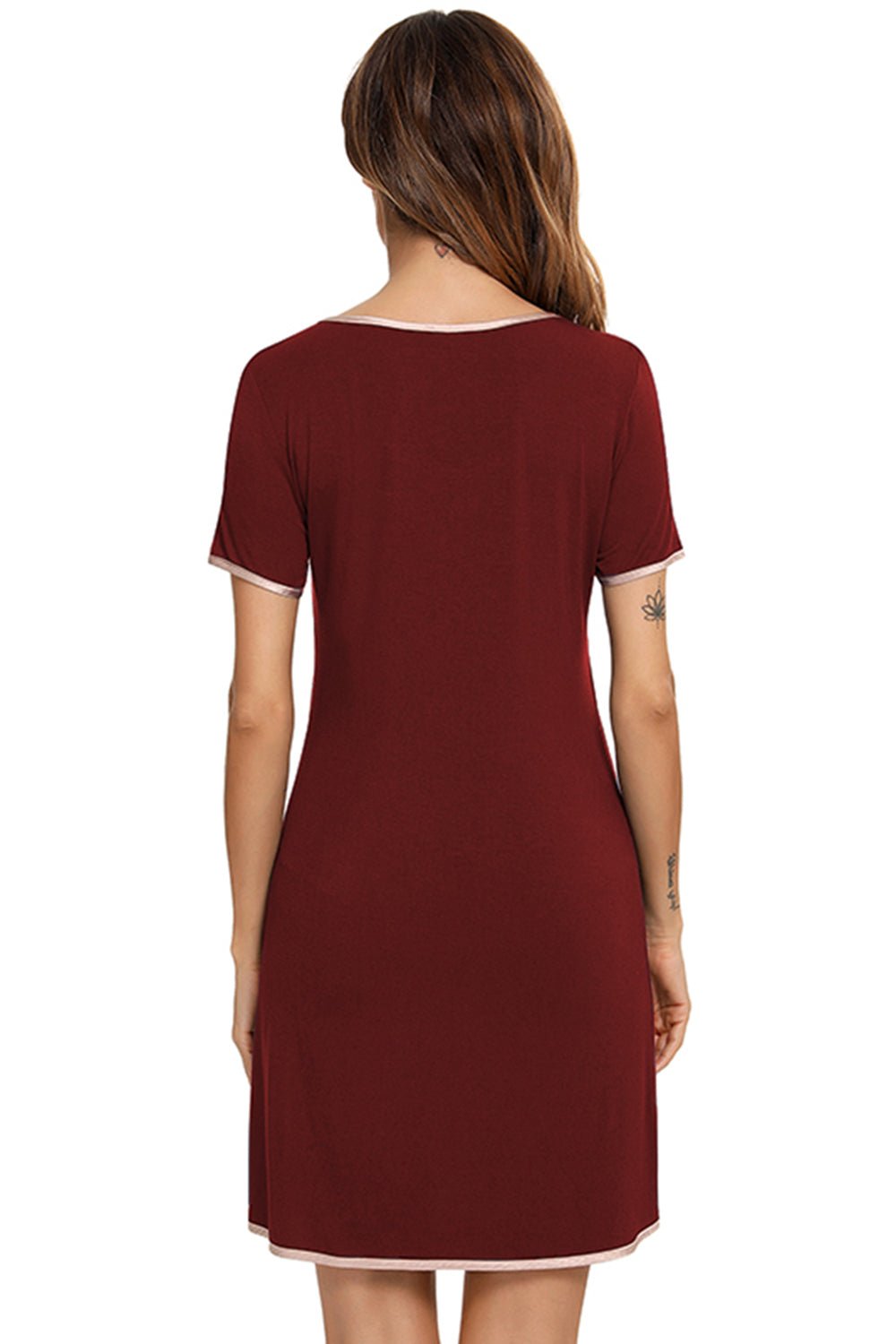 Contrast Trim Pocketed Round Neck Lounge Dress - Creative Designs by Shanny