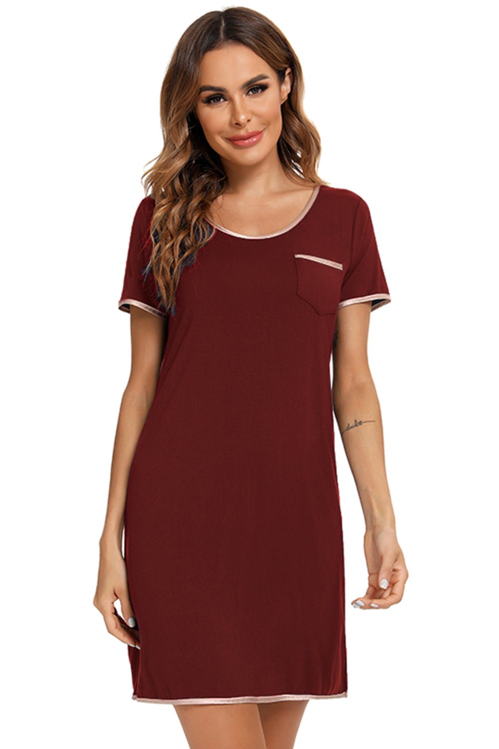 Contrast Trim Pocketed Round Neck Lounge Dress - Creative Designs by Shanny