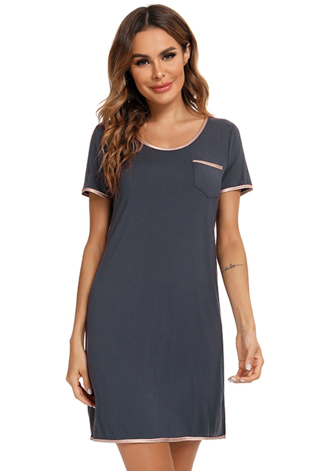 Contrast Trim Pocketed Round Neck Lounge Dress - Creative Designs by Shanny