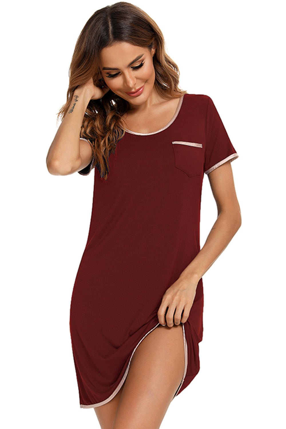 Contrast Trim Pocketed Round Neck Lounge Dress - Creative Designs by Shanny