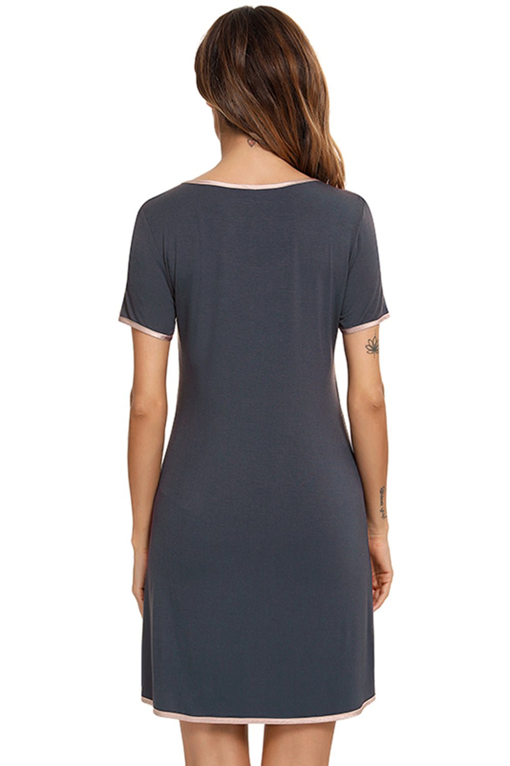 Contrast Trim Pocketed Round Neck Lounge Dress - Creative Designs by Shanny