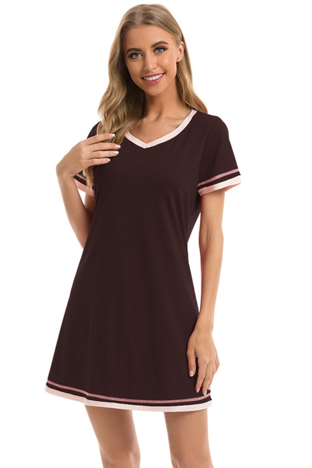 Contrast Trim Short Sleeve Lounge Dress - Creative Designs by Shanny