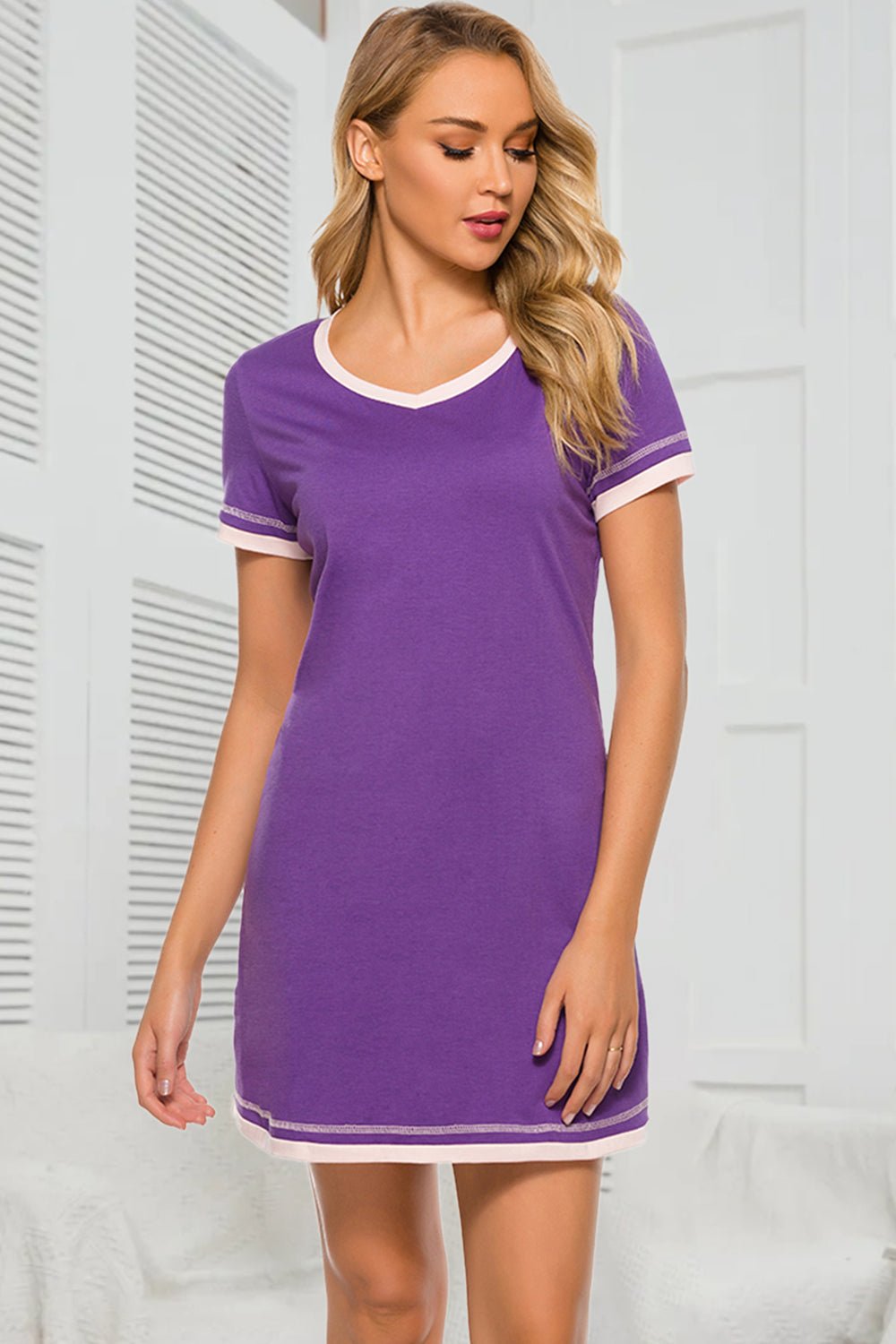 Contrast Trim Short Sleeve Lounge Dress - Creative Designs by Shanny