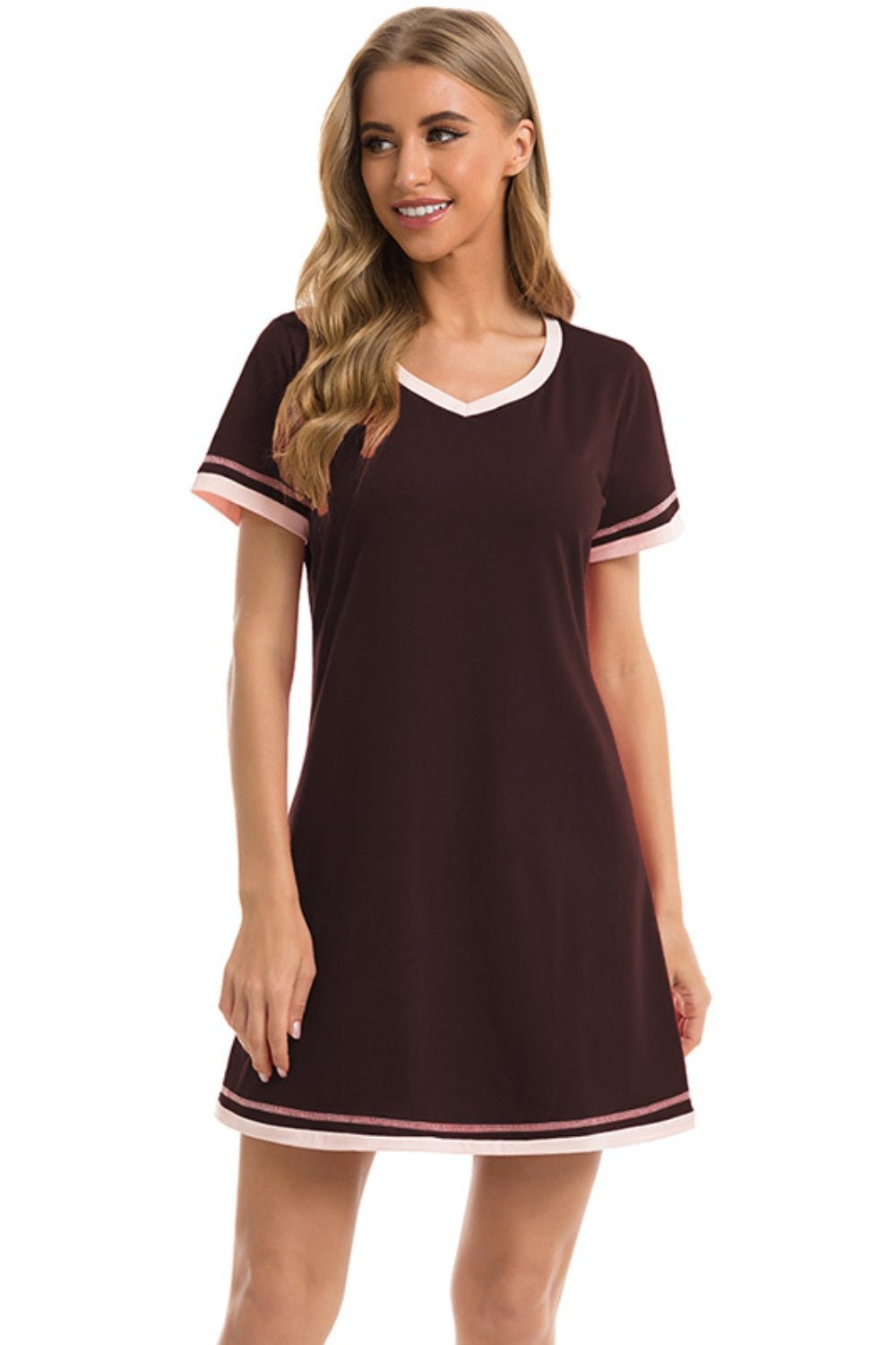 Contrast Trim Short Sleeve Lounge Dress - Creative Designs by Shanny