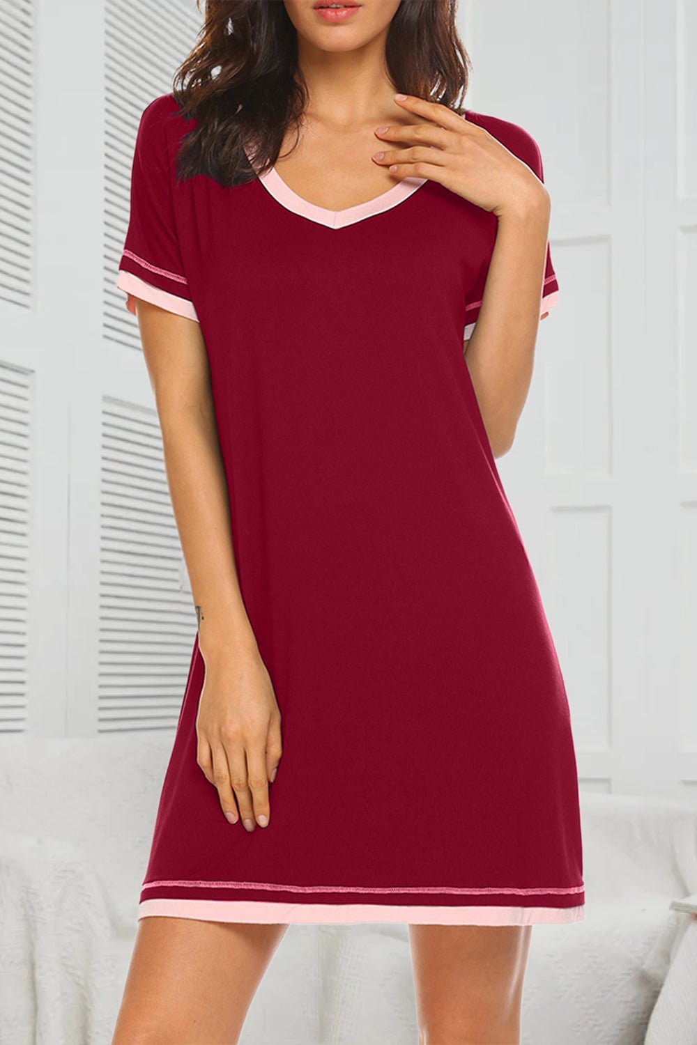 Contrast Trim Short Sleeve Lounge Dress - Creative Designs by Shanny