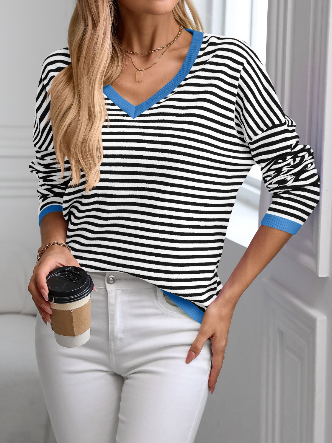 Contrast Trim Striped V - Neck Long Sleeve Knit Top - Creative Designs by Shanny